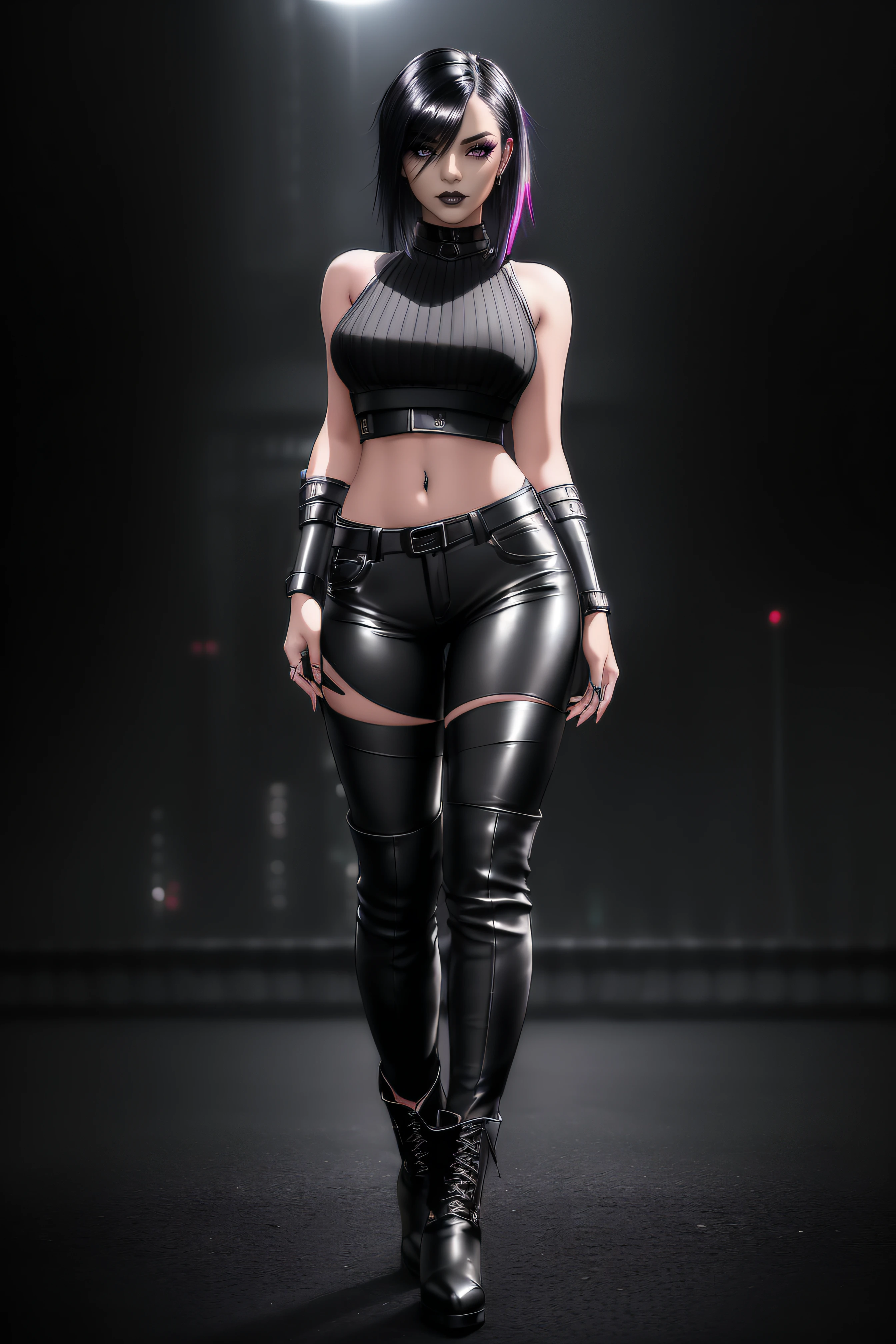 beautiful girl, ((standing:1.4)), (confident gaze:1.1), full body, short bright neon streaked black hair, ((seductive pose:1.2)), black eyeshadow, (street style wear:1.2), ((tight fitted pants)), ((knee high leather boots)), (dark city night black background:1.4), dark makeup, digital art, trending on artstation, highly detailed, fine detail, intricate, detailed facial features, sharp focus, smooth, aesthetic,