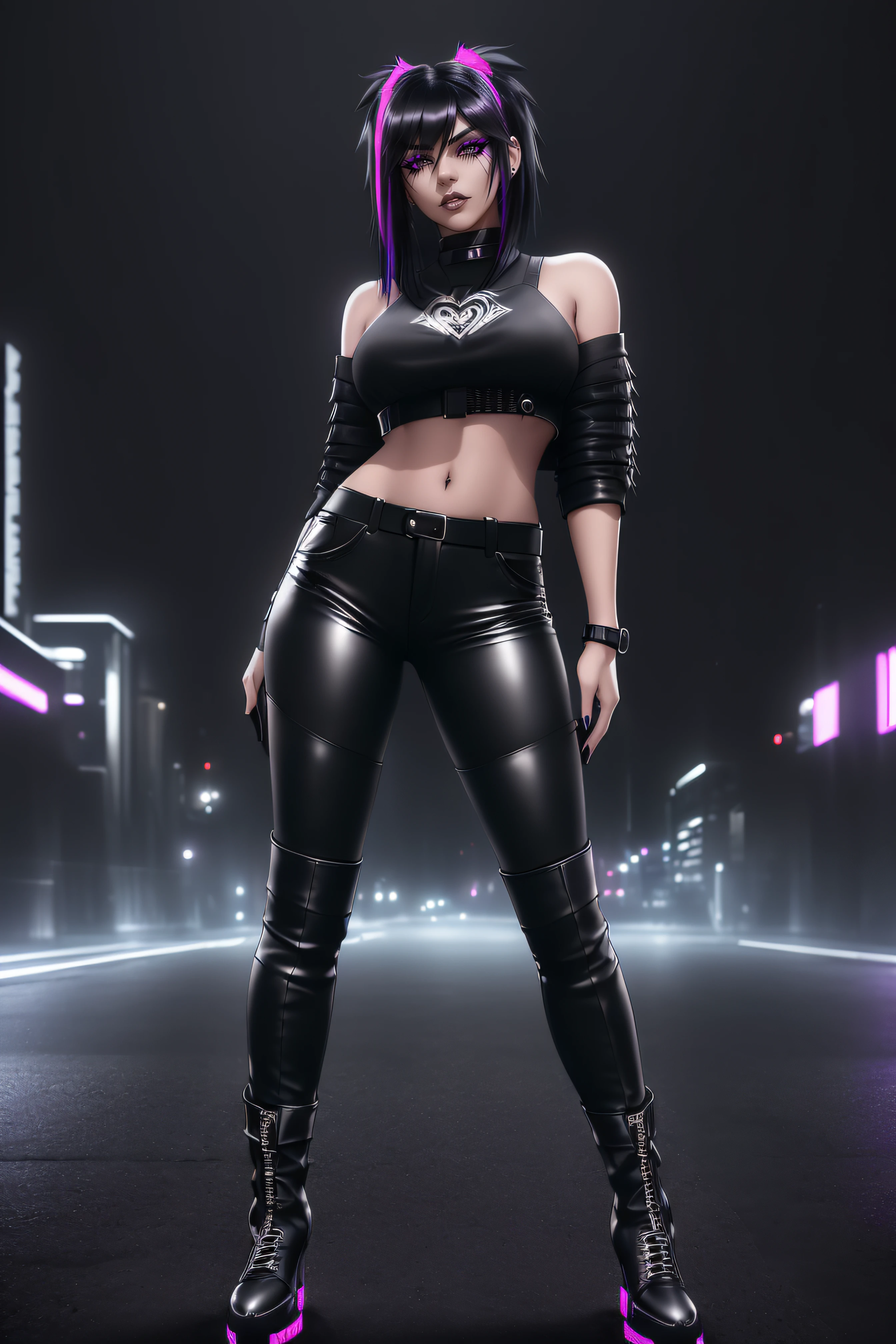 beautiful girl, ((standing:1.4)), (confident gaze:1.1), full body, short bright neon streaked black hair, ((seductive pose:1.2)), black eyeshadow, (street style wear:1.2), ((tight fitted pants)), ((knee high leather boots)), (dark city night black background:1.4), dark makeup, digital art, trending on artstation, highly detailed, fine detail, intricate, detailed facial features, sharp focus, smooth, aesthetic,