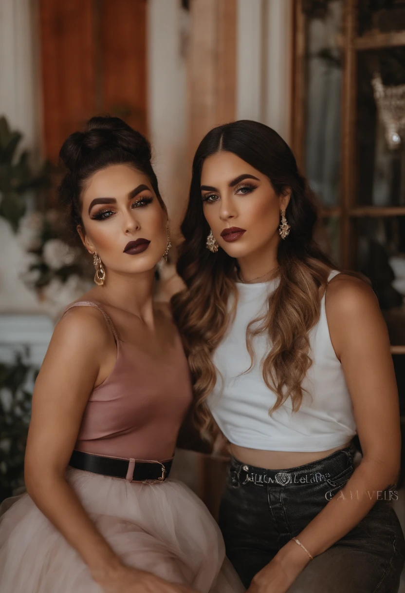 There are two women who are posing together for a photo, 1 6 years, Pendientes enormes y maquillaje queer, taken in the early 2020s, she is about 1 6 years old, alanis guillen, tomada en 2 0 2 0, 18 years old, con maquillaje profesional, Cara detallada!, lorena avarez