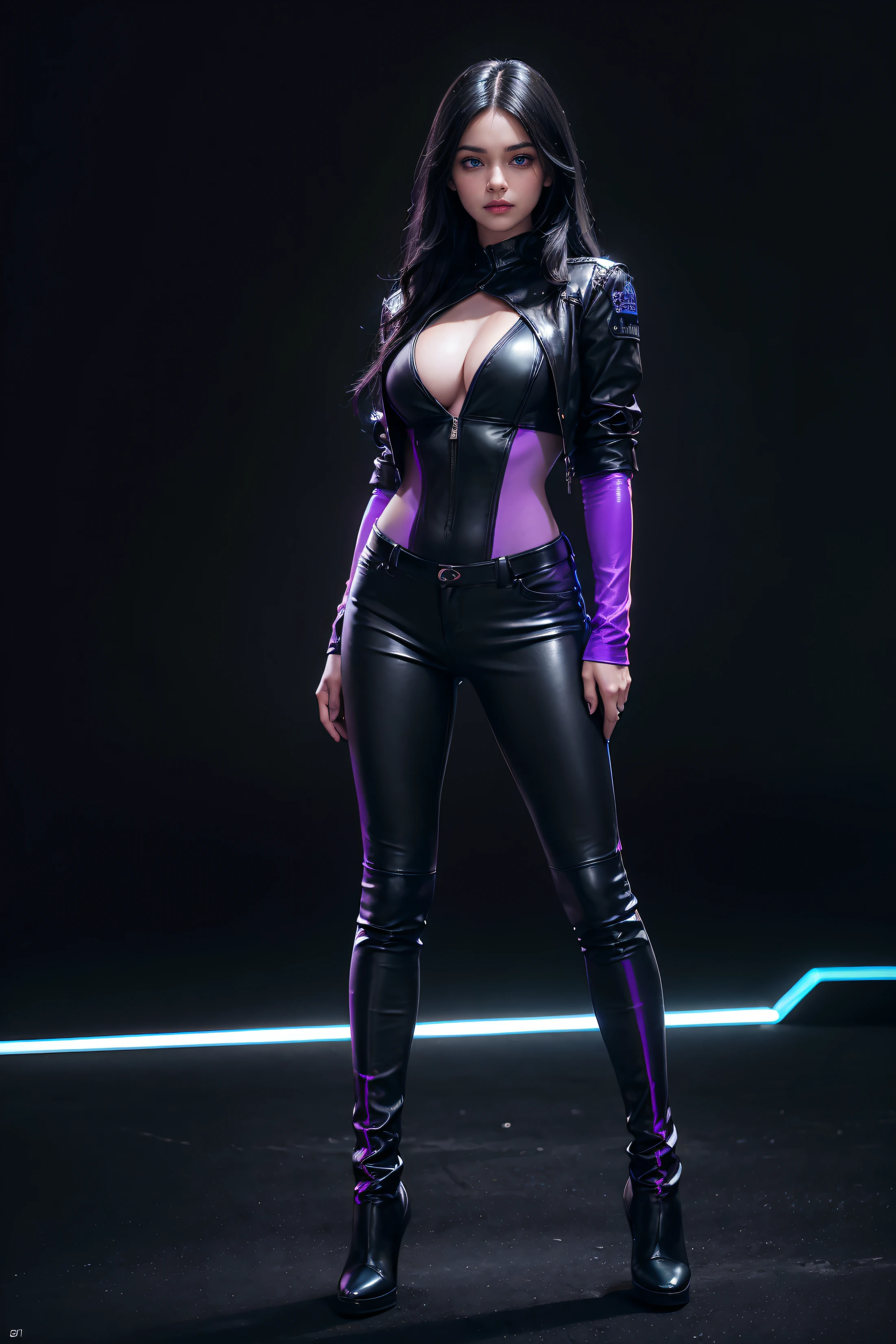 (black long wavy hair with blue and purple neon lighting:1.2),(close-up photo:1.2) Best image quality, Masterpiece, Ultra-high resolution, (Fidelity:1.4), ((BDSM personage)), Mila Kunis, deep cleavage, large breasts,  BDSM outfit, ((Award-winning ultra-realistic photos))，(Hyper-detailing)，(Complicated details），(High resolution CGI artwork 8k), LED light, illuminated by neon lights, beautiful girl, ((standing:1.4)), (confident gaze:1.1), full body, short bright neon streaked black hair, ((realistic highly detailed eyes:1.4)), ((seductive pose:1.2)), black eyeshadow, (street style wear:1.2), ((tight fitted pants)), ((knee high leather boots)), (dark city night black background:1.4), dark makeup, digital art, trending on artstation, highly detailed, fine detail, intricate, detailed facial features, sharp focus, smooth, aesthetic,