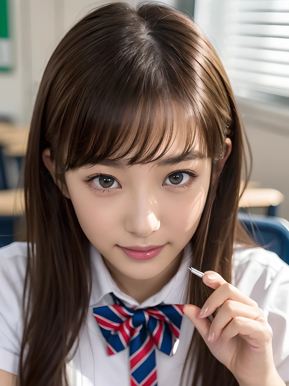 masterpiece、close up of face、front-facing view、a Japanese young pretty woman、Sitting on a chair holding a pen with a big smile、Gorgeous figure、Wearing a short-sleeved white collared shirt and shiny red satin plain bow tie、Wearing a blue tartan plaid skirt、absolutely pretty face、shiny lip、Double eyelids in both eyes、Natural makeup、 long eyeslashes、shiny smooth light brown hair of medium length,、asymmetrical bangs、skin tanned、Alone in the classroom、Textbook and notes on the desk、Headframe、image in center、8K分辨率、high detal、detailed hairstyle、A detailed face、spectacular movie lighting、octane renderings、with a vibrant、Ultra-realistic、Perfect limbs、perfect anatomia、Live Action、Ultra-realistic live-action、校服
