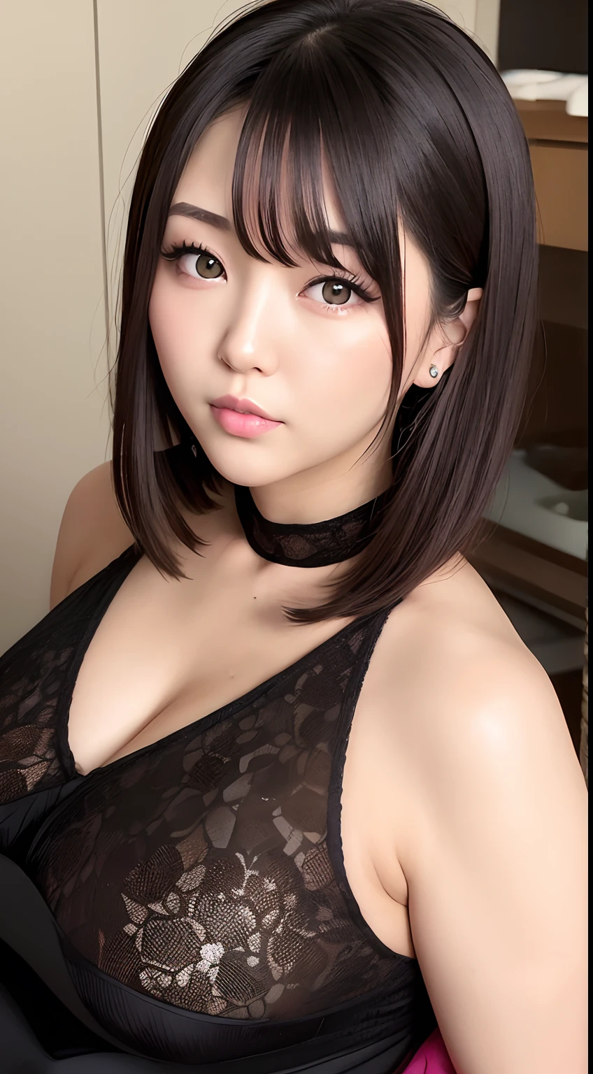 A dark-haired Plump pink lips Japanese ido Mature woman who looks like Ai Shinozaki Duck mouth Close-up of face like cosmetic advertisement