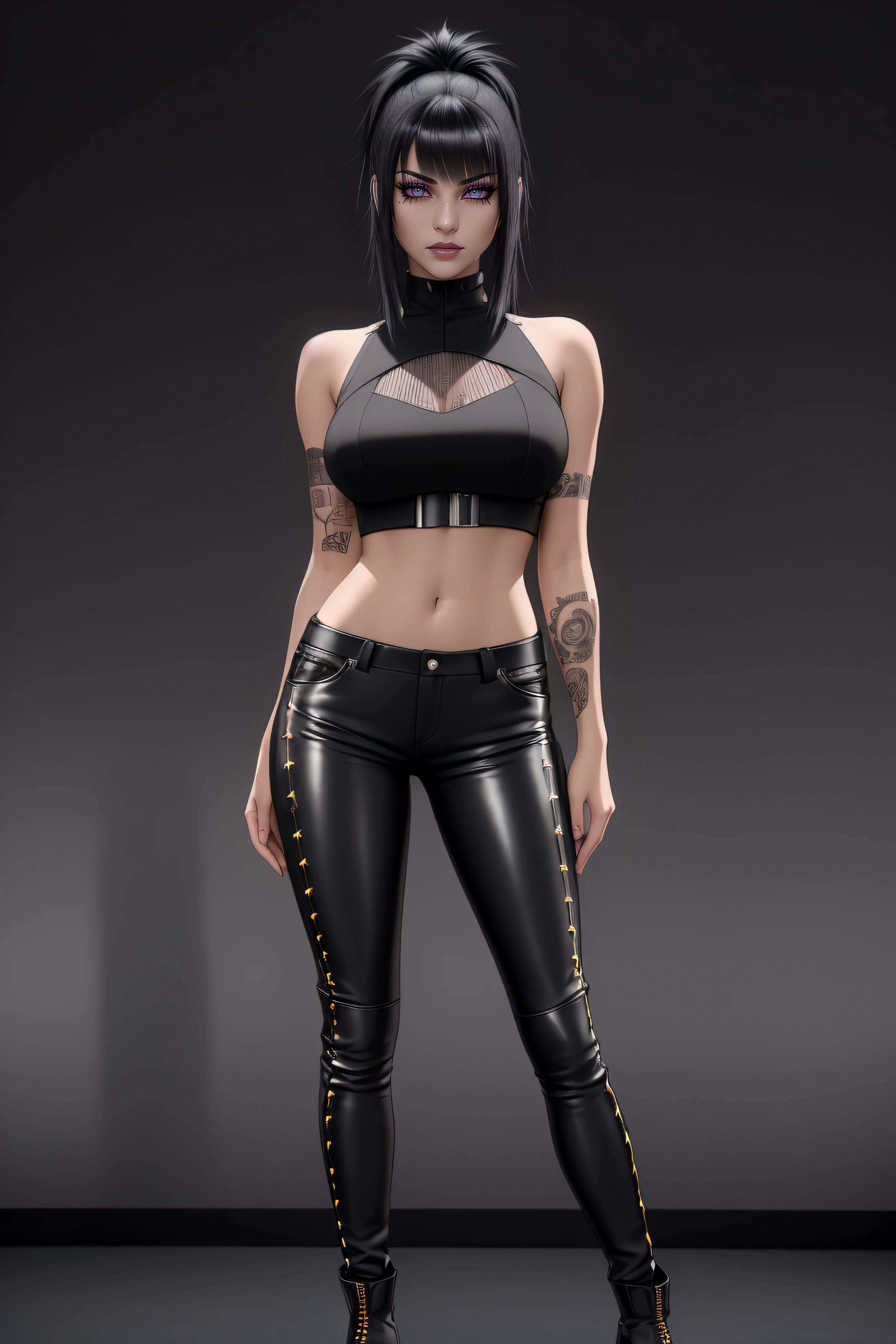 beautiful girl, ((standing:1.4)), (confident gaze:1.1), full body, short bright neon streaked black hair, ((realistic highly detailed eyes:1.4)), ((seductive pose:1.2)), black eyeshadow, (street style wear:1.2), ((tight fitted pants)), ((knee high leather boots)), (dark city night black background:1.4), dark makeup, digital art, trending on artstation, highly detailed, fine detail, intricate, detailed facial features, sharp focus, smooth, aesthetic,