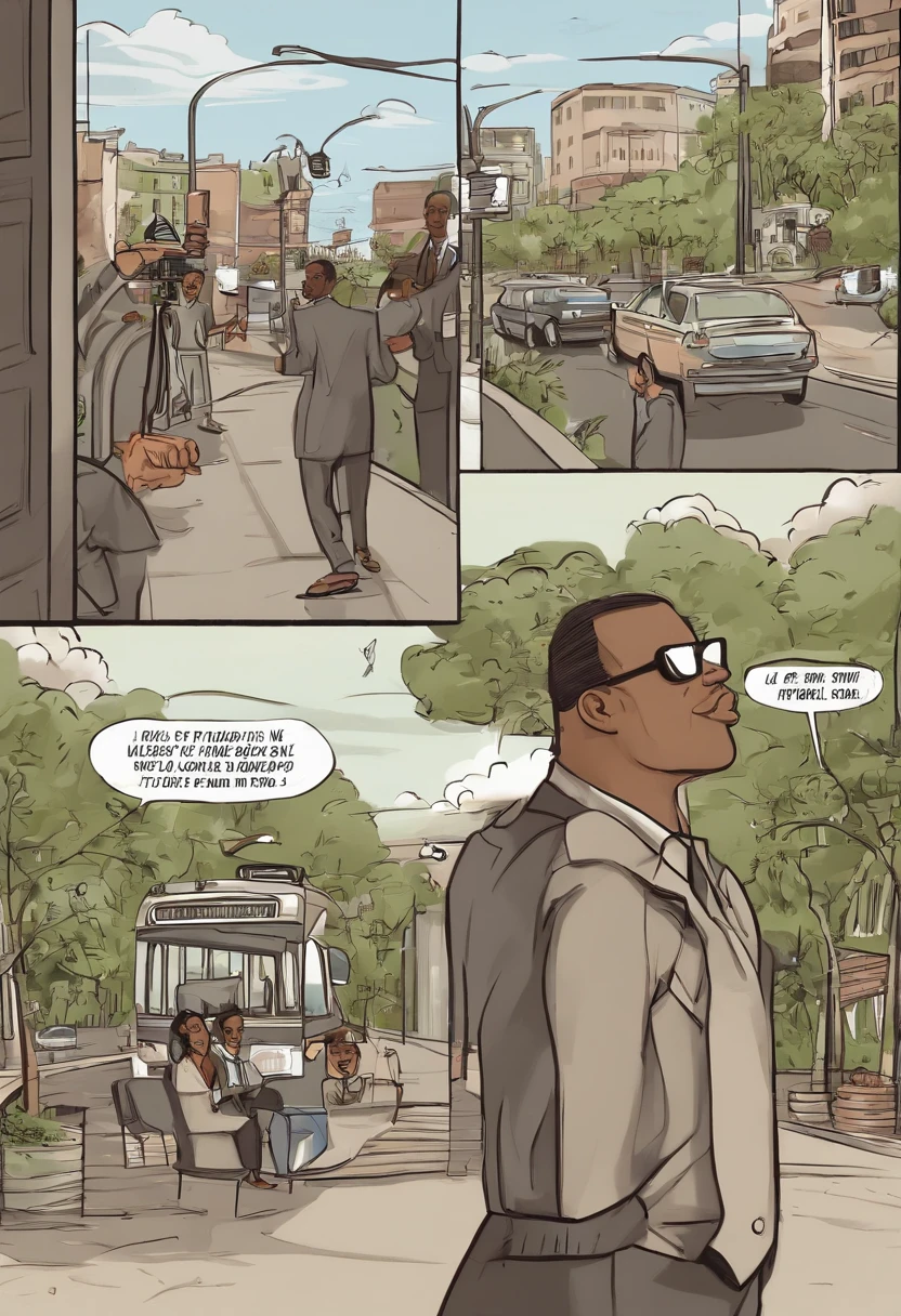 title: "A Cidade Louca"
Prompt:
- Painel 1:
- Cena de uma cidade movimentada, With tall buildings and people in a hurry.
- Na parte inferior do painel, O personagem principal, Bob, is seen holding a coffee cup and looking sleepy.
-Bob (Pensante): "Mais um dia tranquilo na cidade..."
- Painel 2:
-Bob walks distractedly down the sidewalk, while various strange things happen around you.
- A dog is driving a car, A pigeon is wearing sunglasses and reading a newspaper, A traffic light is arguing with a pedestrian.
-Bob (surpreso): "What's going on here?"
- Painel 3:
-Bob chega ao seu trabalho, An office company, where he finds his colleagues also involved in absurd situations.
- A colleague is typing with his feet, another is wearing a tie as a tiara and a third is floating in the air.
-Bob (Frustrado): "DDIM, pessoal, you saw;? Everything is out of control!"
- Colega: "Ah, Isso? It's just another normal day in this crazy city!"
- Painel 4:
-Bob, agora completamente confuso, Leaves the company and sees a chaotic park.
- People walking upside down, Dancing trees and a flock of pigeons flying in a synchronized fashion.
-Bob (Gritando): "Eu estou ficando maluco! Nada faz sentido!"
- Painel 5:
-Bob finally realizes that it was all just an illusion created by a comic book artist named Tom.
-Tom is sitting on a bench, rindo enquanto desenha em seu bloco de notas.
-Bob (irritado): "DIG! You're behind it all?"
-Tom: "Desculpe, rosto! Just wanted to bring some funny mayhem to the city."
- Painel 6:
-Bob is seen leaving town, enquanto o caos continua acontecendo ao seu redor.
-Bob (sorrindo): "At least now I know I'm the only normal one!"
- Painel 7:
- Cena final de Bob em uma cidade tranquila, com pessoas indo e vindo normalmente.
-Bob (aliviado): "Enfim, acho que encontrei uma cidade mais normal!"
