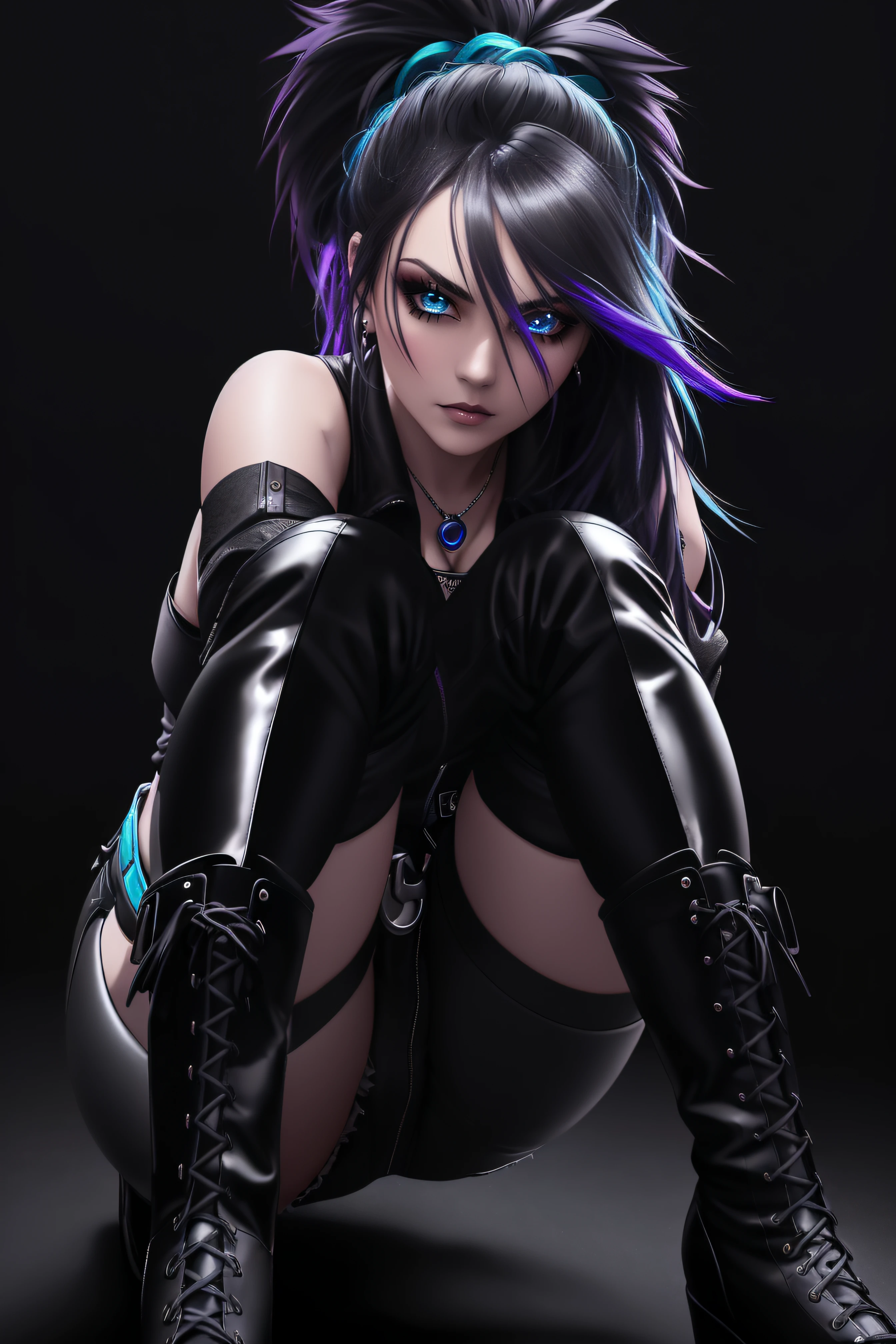beautiful girl, full body, short bright cyan and purple streaked dishevelled hair, large blue piercing eyes, black eyeshadow, (street style wear:1.2), ((tight fitted pants)), ((knee high leather boots)), (dark city night black background:1.6), dark makeup, digital art, trending on artstation, highly detailed, fine detail, intricate, beautiful detailed glow, detailed, Cinematic light, high-res, detailed facial features, sharp focus, smooth, aesthetic,