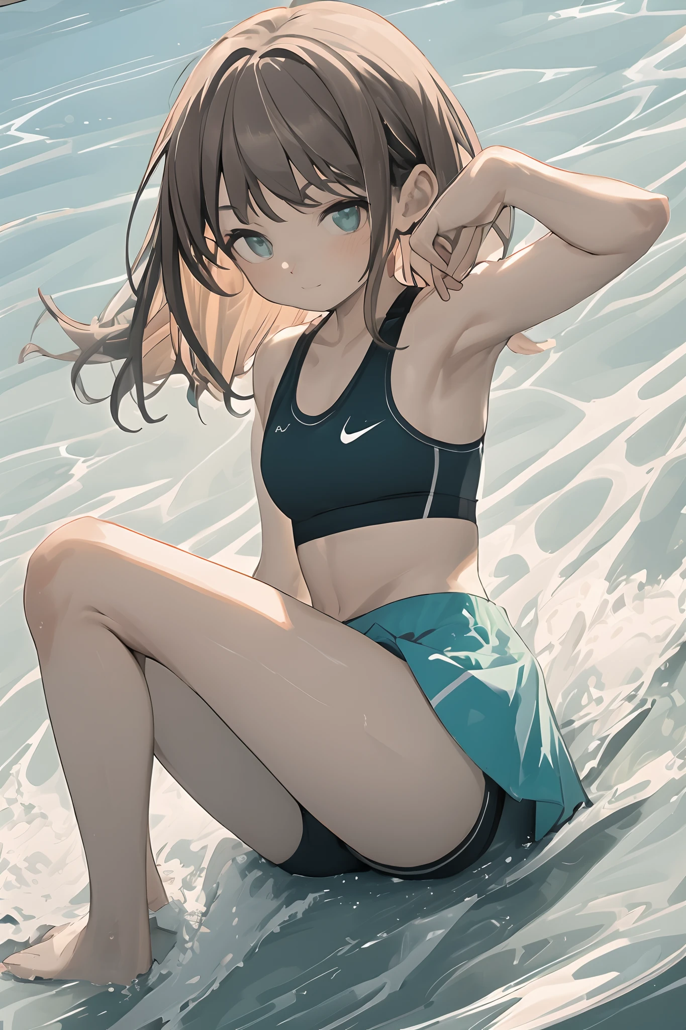 child,(tmasterpiece,Highest quality),Turquoise skirt,Sports bra,flodt,brunette color hair,Playing in the water,Lace,pantiess,Seductive pose, your ass,your legs