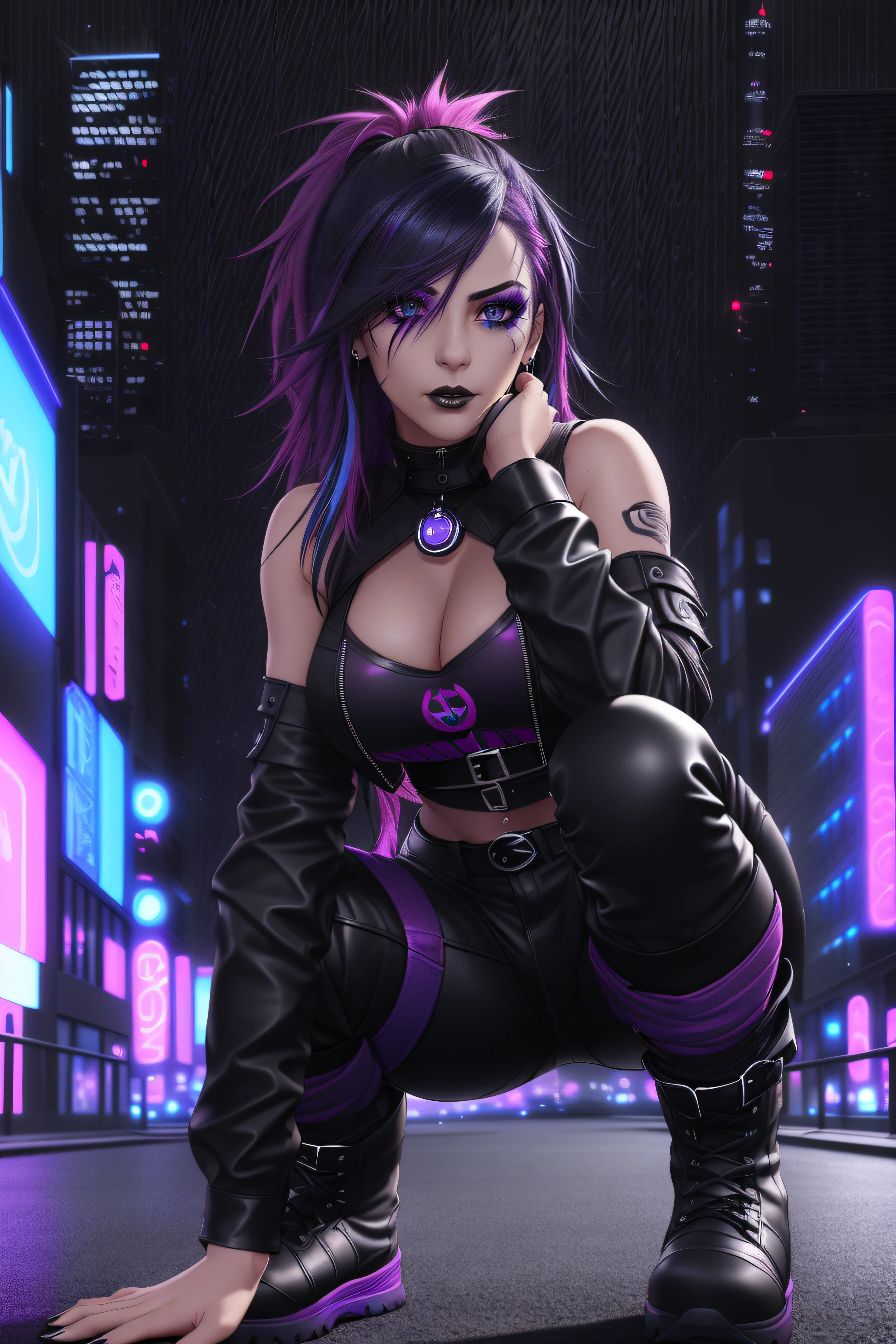 beautiful girl, full body, short bright blue and magenta streaked dishevelled hair, large blue piercing eyes, black eyeshadow, (street style wear:1.2), ((tight fitted pants)), ((knee high leather boots)), (dark city night black background:1.6), dark makeup, digital art, trending on artstation, highly detailed, fine detail, intricate,  beautiful detailed glow, detailed, Cinematic light, high-res, detailed facial features, sharp focus, smooth, aesthetic,