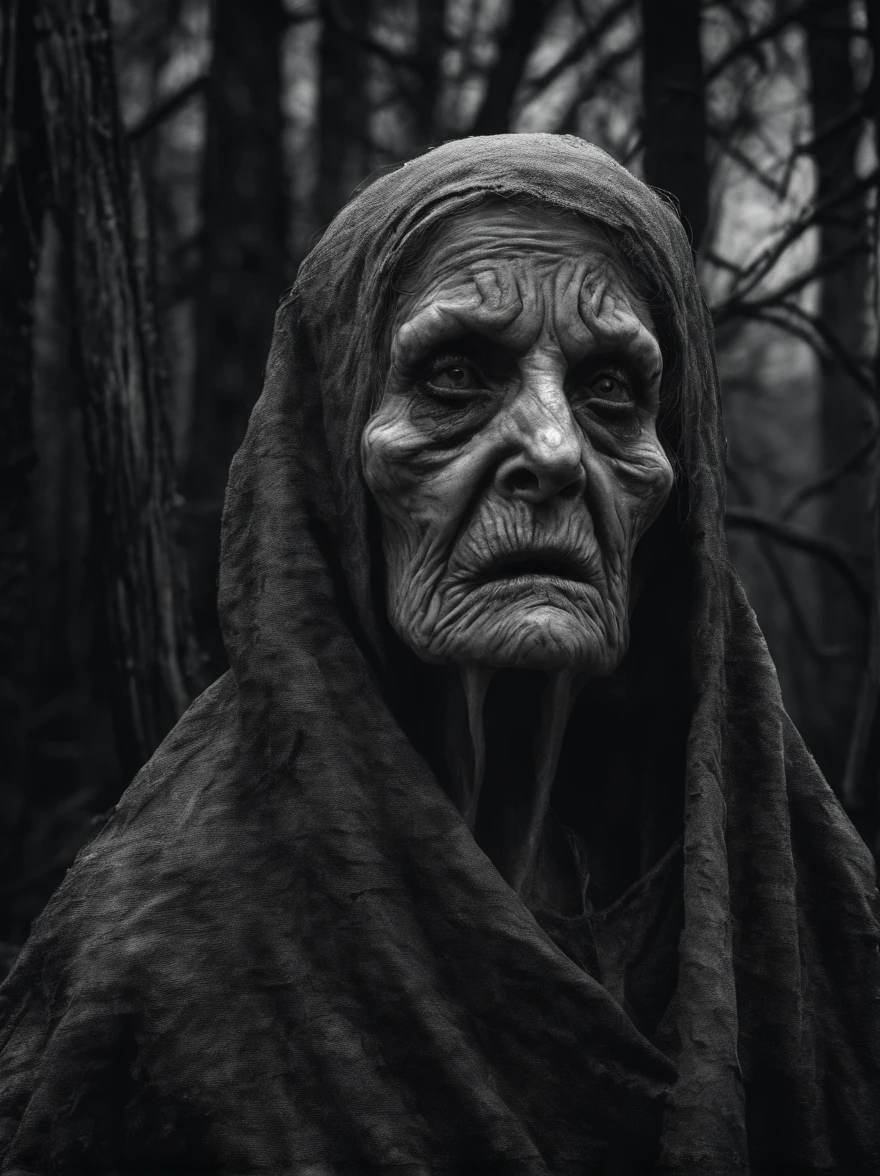 very old woman with demonic face, skins the body in the wood with small cabin ,black and white , blair witch , horror style, realistic photography , wood enviro