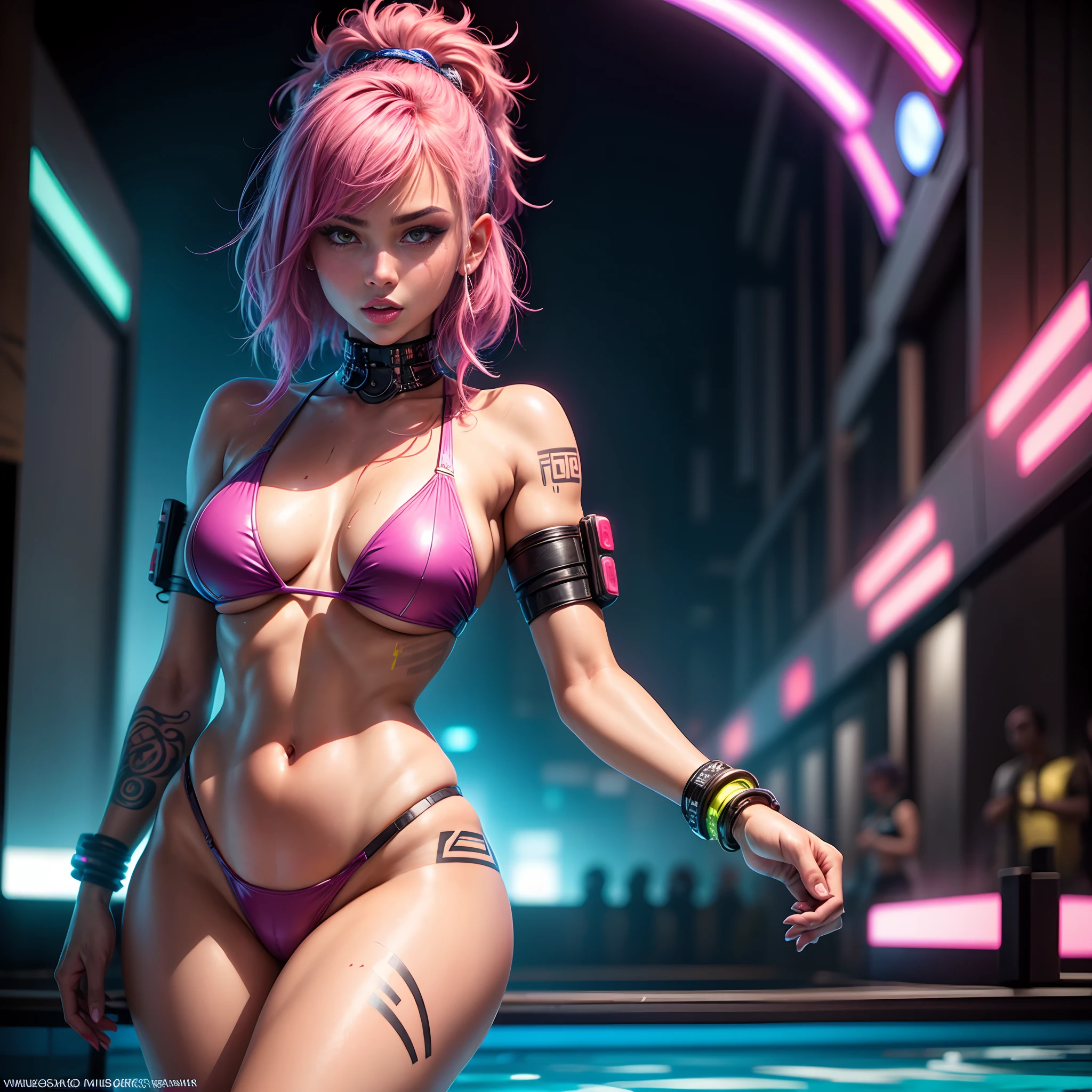 Masterpiece, high quality, high resolution, cyberpunk pool party, party dj, club, neon lights, ultra detailed face, ultra detailed body, pores body, tribal tattoos, solo, girl (small breasts, wet, cyberpunk swimwear), curvy body, makeup, eyeliner, expression of pleasure, magenta hair, tanned skin, tanned, pink glowing eyes, red cheeks, hold cyber guns,