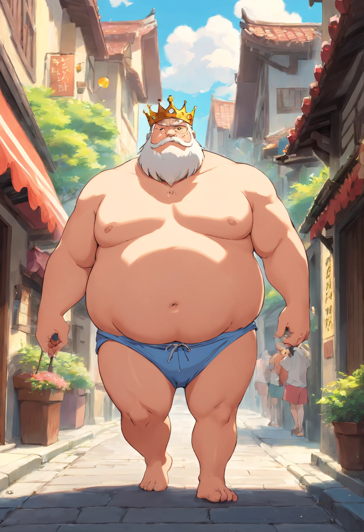 Very fat king walking down the street( Shirtless) Animation The Emperor's New Clothes