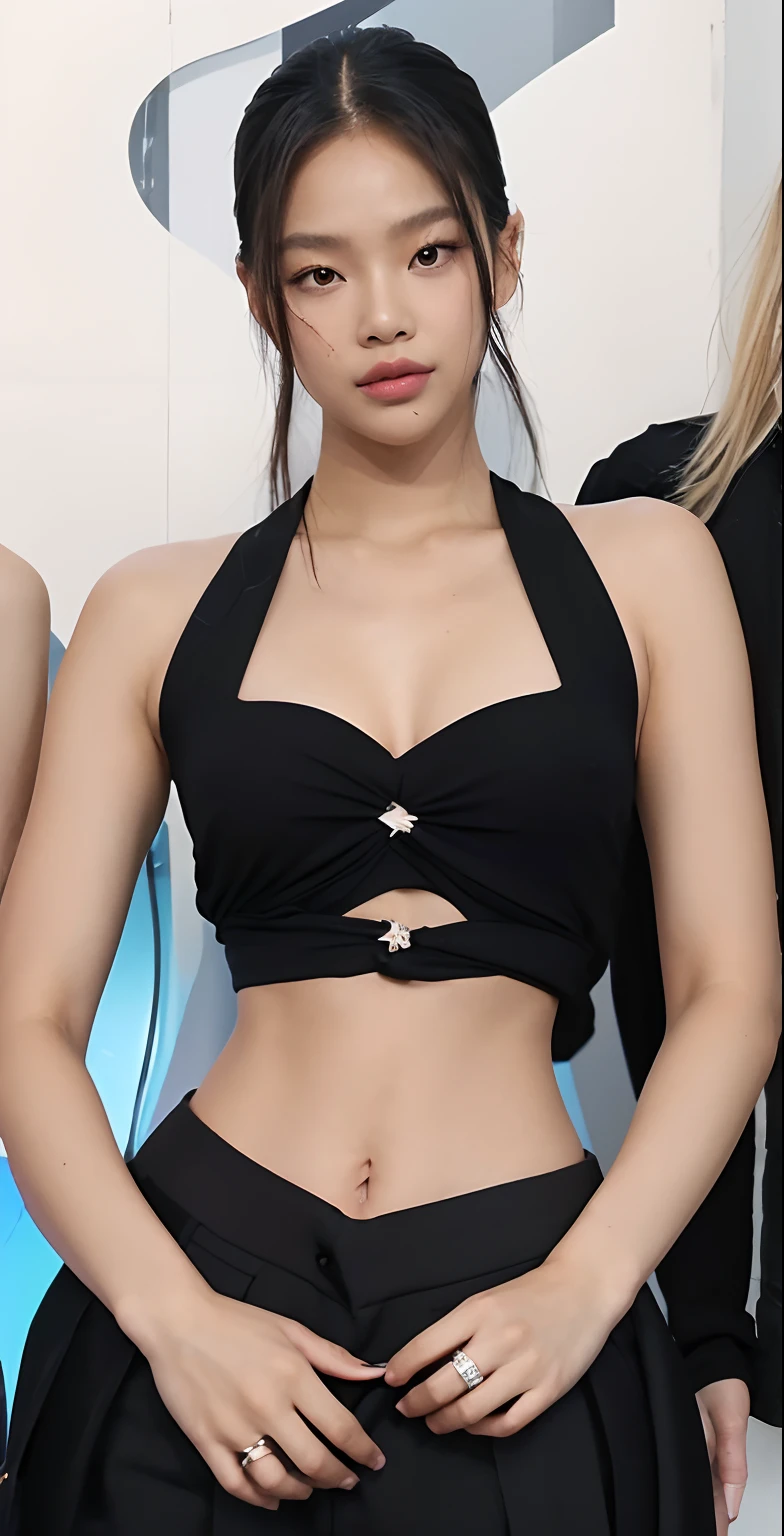 ((pecho grande, Jennie kim de blackpink, Small head)), daylight, luz del sol, (abdominales cincelados: 1.1), (cuerpo perfecto: 1.1), (pelo largo y ondulado: 1.2), cabello naranja, cuello, cadena, toma de cuerpo completo, calle concurrida, vistiendo una camiseta sin mangas negra, chaqueta de jeans, ((pantalones cortos)), (fondo de pantalla CG 8k extremadamente detallado), (una extremadamente delicada y hermosa), (obra maestra), (mejor calidad: 1.0), (ultra-high-resolution: 1.0), beautiful  lighting, Perfect lightning bolts, sombras realistas, [Tall Resolution], piel detallada, ultra detallada
