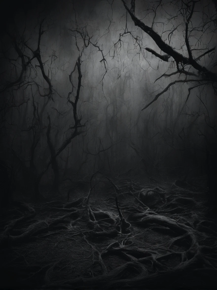 dark wood with floating bodies  ,black and white , horror style, realistic photography , wide aspect ratio , dust and scratches .