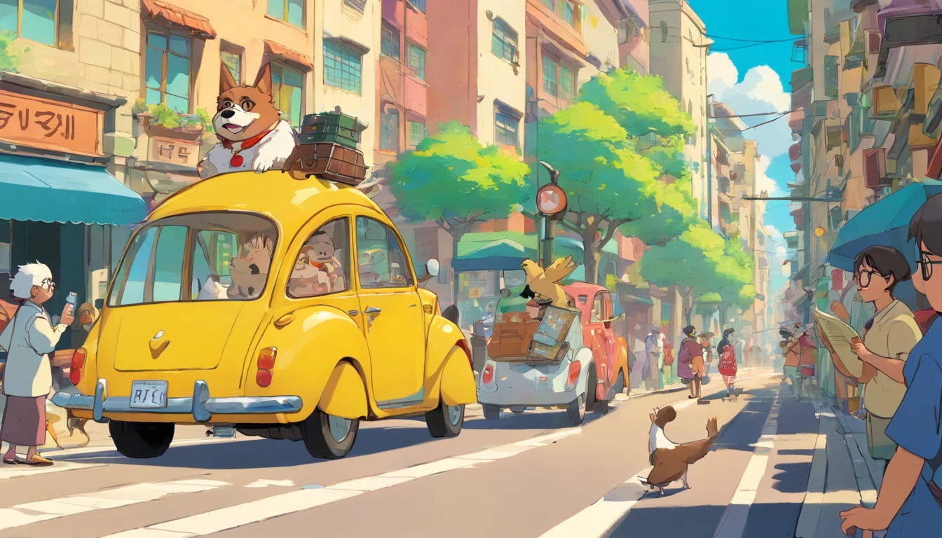 title: "Chaos in the City"
Panel 1:
Cena de uma cidade movimentada, With tall buildings and people in a hurry.
Na parte inferior do painel, a main character named "Bob" is seen holding a cup of coffee and looking sleepy.
Bob (pensando): "Another peaceful day in the city..."
Panel 2:
Bob walks distractedly down the sidewalk, while various strange things happen around you.
A dog is driving a car, A pigeon is wearing sunglasses and reading a newspaper, A traffic light is arguing with a pedestrian. (layout comic art)
