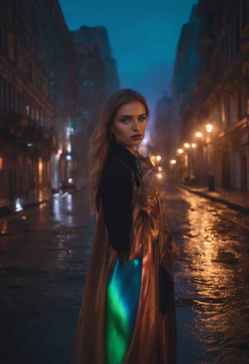 Beautiful girl with huge iridescent body goes out into the city and destroys buildings。My face is full of tears