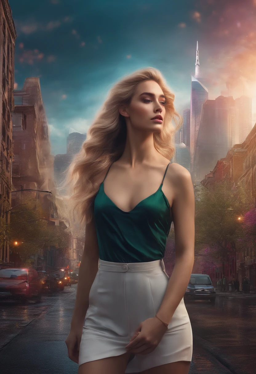 Beautiful girl with huge iridescent body goes out into the city and destroys buildings。My face is full of tears