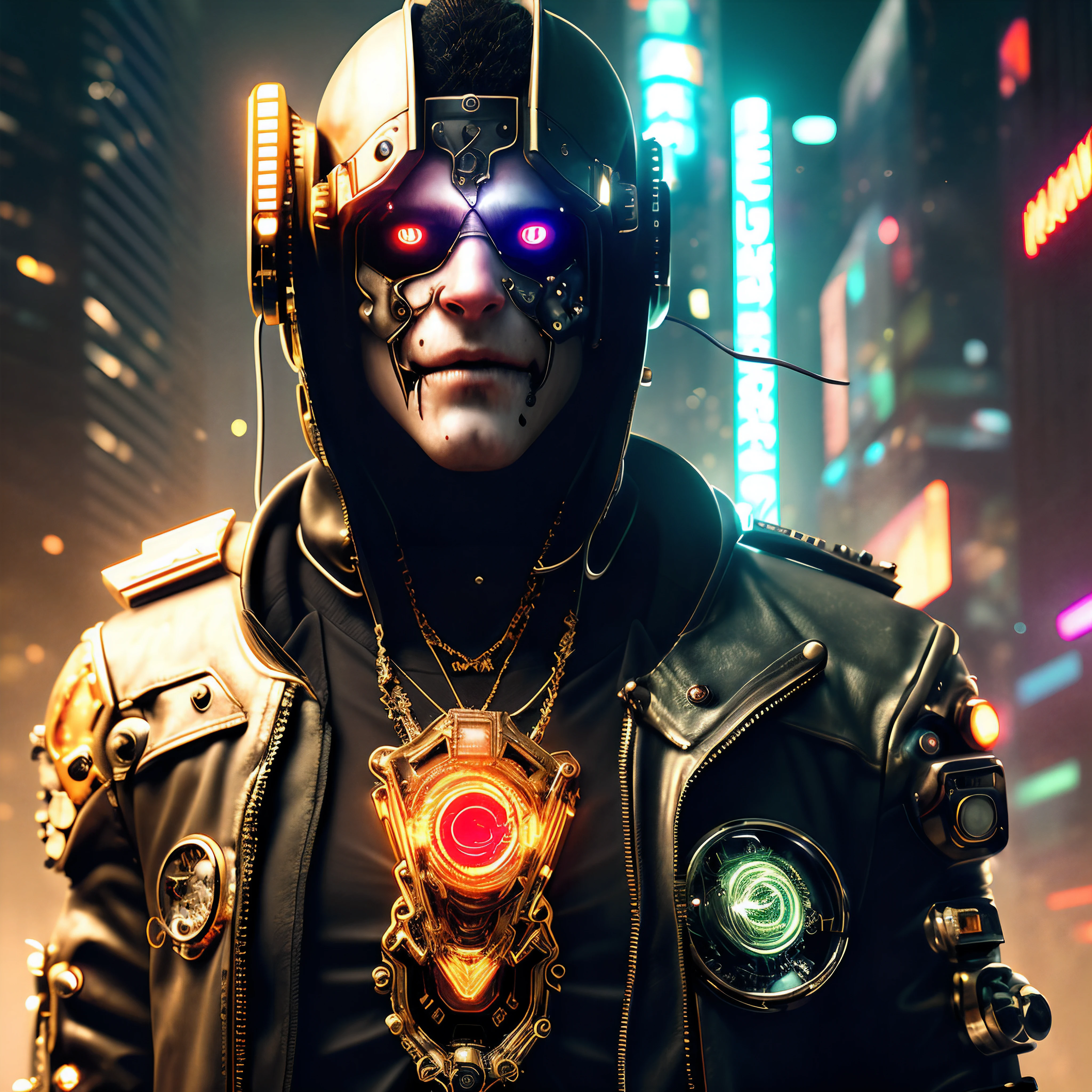 high quality digital art, stunning art, 4k wallpaper, highly detailed, black and white, digital art of the highest quality, stunning art, 4k wallpaper, 8k, 64k, HD, incomparable masterpiece, dynamic lighting, cinematic, epic mechanical parts, Cyberpunk, (best quality, masterpiece), (photorealistic: 1.4), ultra highres, (cyberpunk with bright neon lights), (realism), (dynamic), (extremely detailed CG unit 8k wallpaper), (high resolution), (masterpiece), ((GOLD details)), ((BLOOD details)),(gold), (gold), (chrome metal), (gurra medals), ((JEWELRY)), ((create something SCARY)), ((create something UNIQUE)), (INVENT SOMETHING PROPER)), ((EVOLUTION))