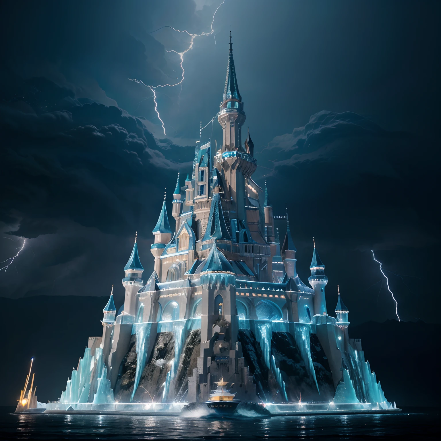 Masterpiece, Best quality, High quality,Beautiful and detailed glow,Fine ice,Beautiful and delicate water,(Huge moving castle:1.5),(Huge floating palace:1.5),Kunai,neowrsk,Cityscape,(Detailed light), Lightning surrounds,(((lightning chain)))
