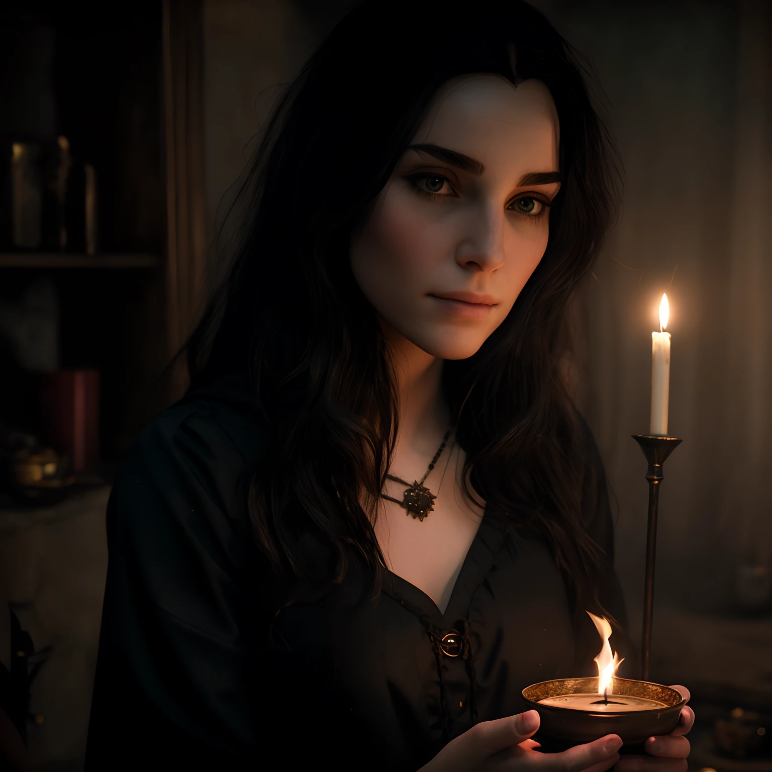 there is a woman holding a lit candle in her hand, portrait of a young witch, home wicca scene, yennefer, casting a protection spell, portrait of a young witch girl, beautiful female witch, yennefer of vengerberg, female mage conjuring a spell, portrait of a witch, portrait of a dark witch, witch paying for her sins