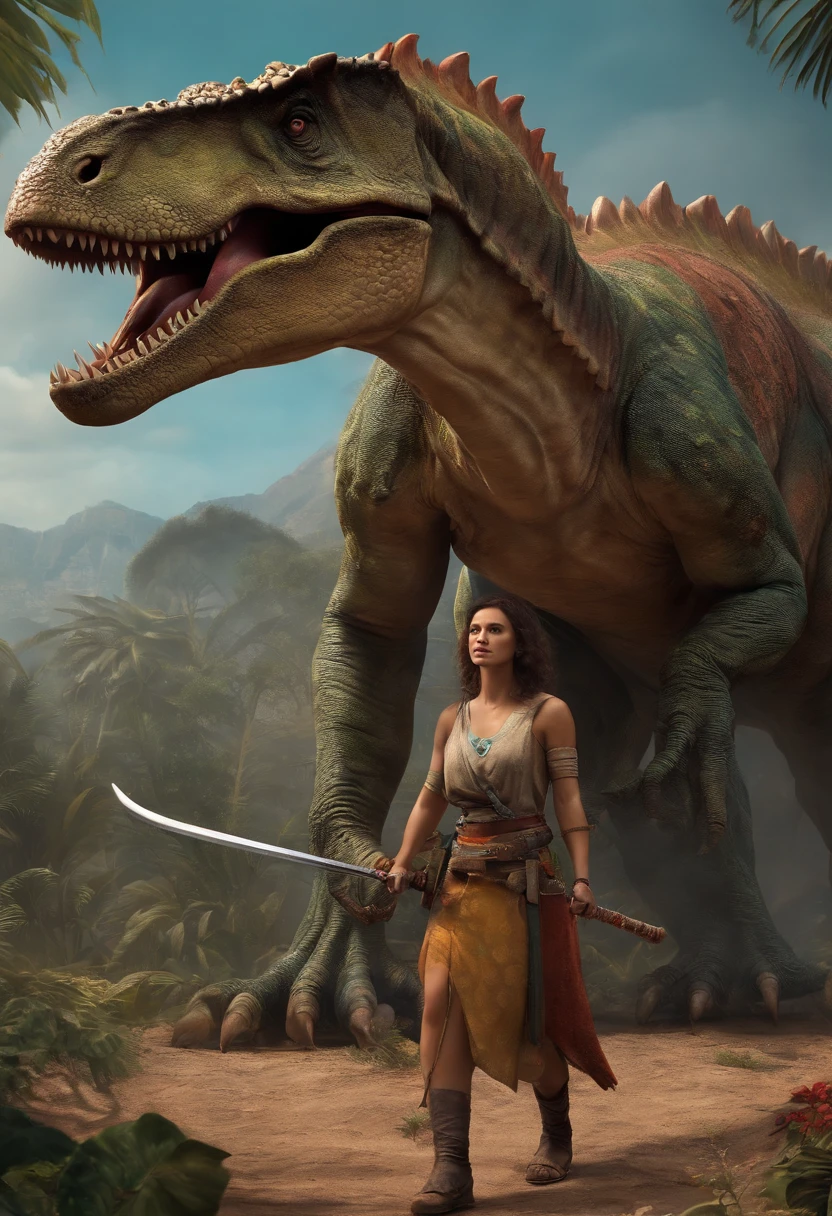 A dinosaur with a half-human body shows her and machine parts and holding a katana in one hand