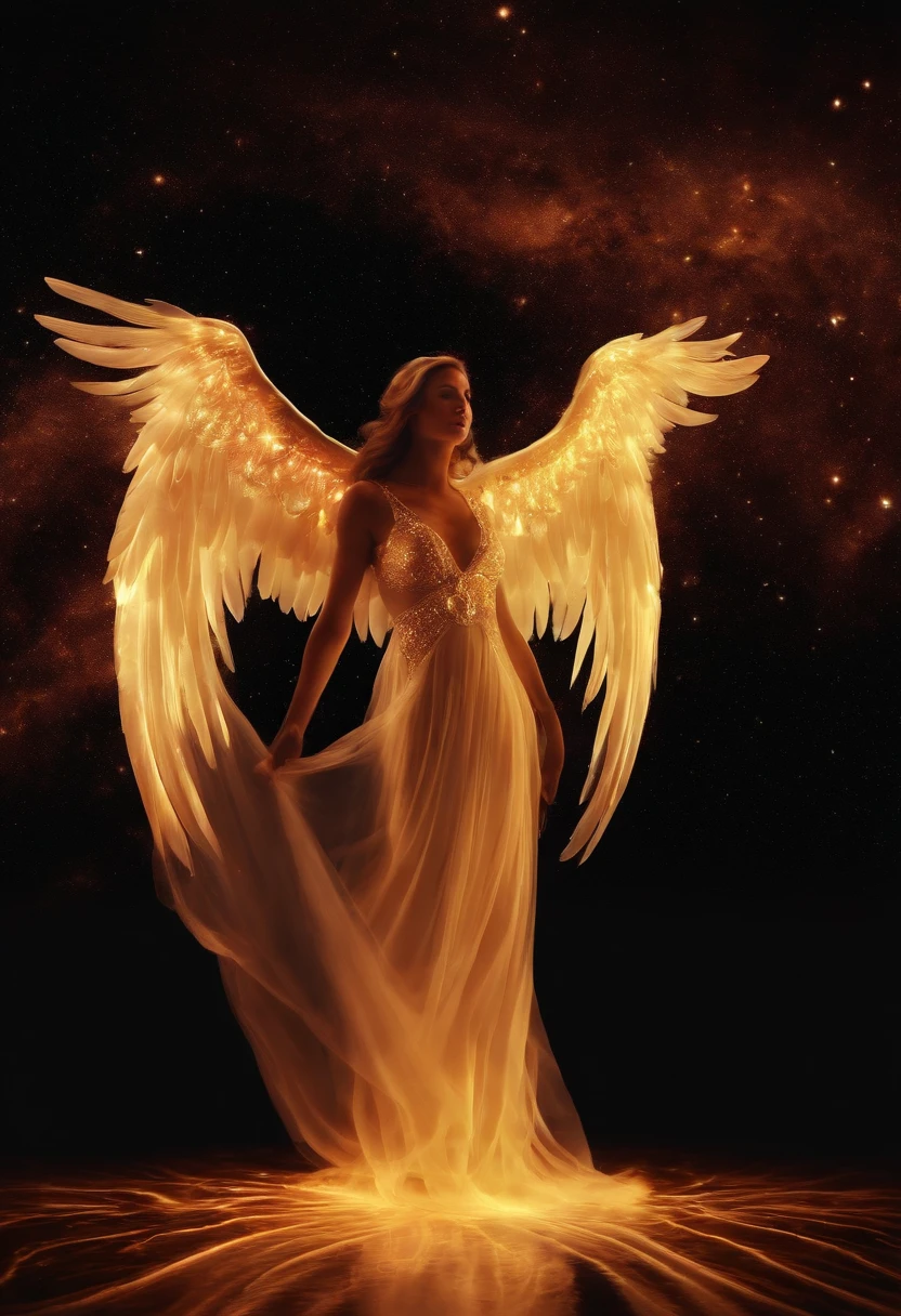 Cosmic Fallen Angel, glowing light eyes, Soul Serenity: Guided Relaxation Mix for Inner Peace, eerie, Creepy, nightmarish, Very bright colors, Light particles, with light glowing, Mshiff, wallpaper art, UHD wallpaper