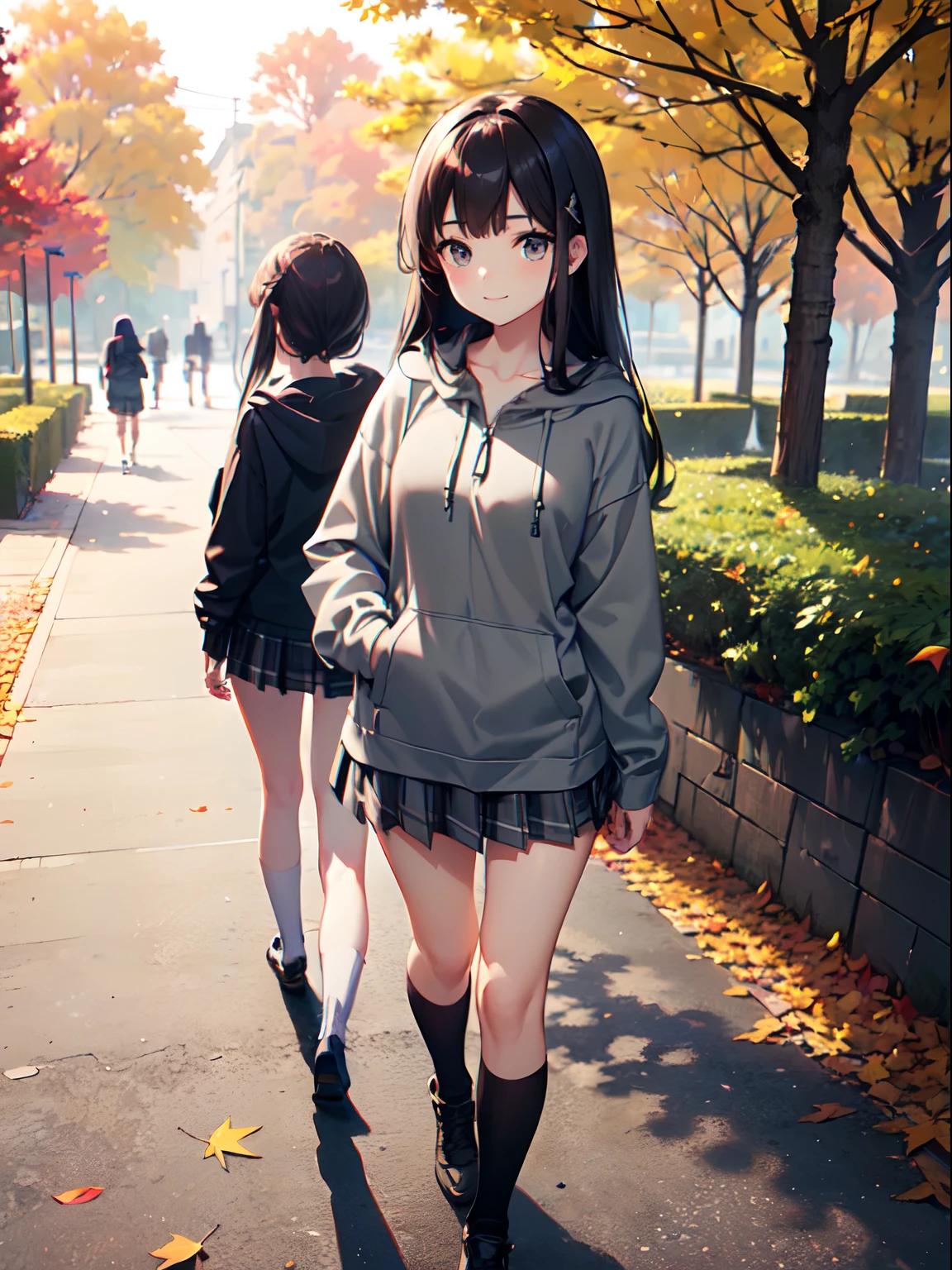 1 beautiful young girl, -yeld juschool girl、(flat)、(Dark-haired girl in grey oversized full-zip hoodie:1.3),(Do not wear hoodie hood:1.3)、Wearing a shirt inside a hoodie、(Plaid pleated skirt), (high socks), (lowfers),(Long straight hair)、Autumn Park、Colored leaves、leaves falling、stroll、A slight smil、