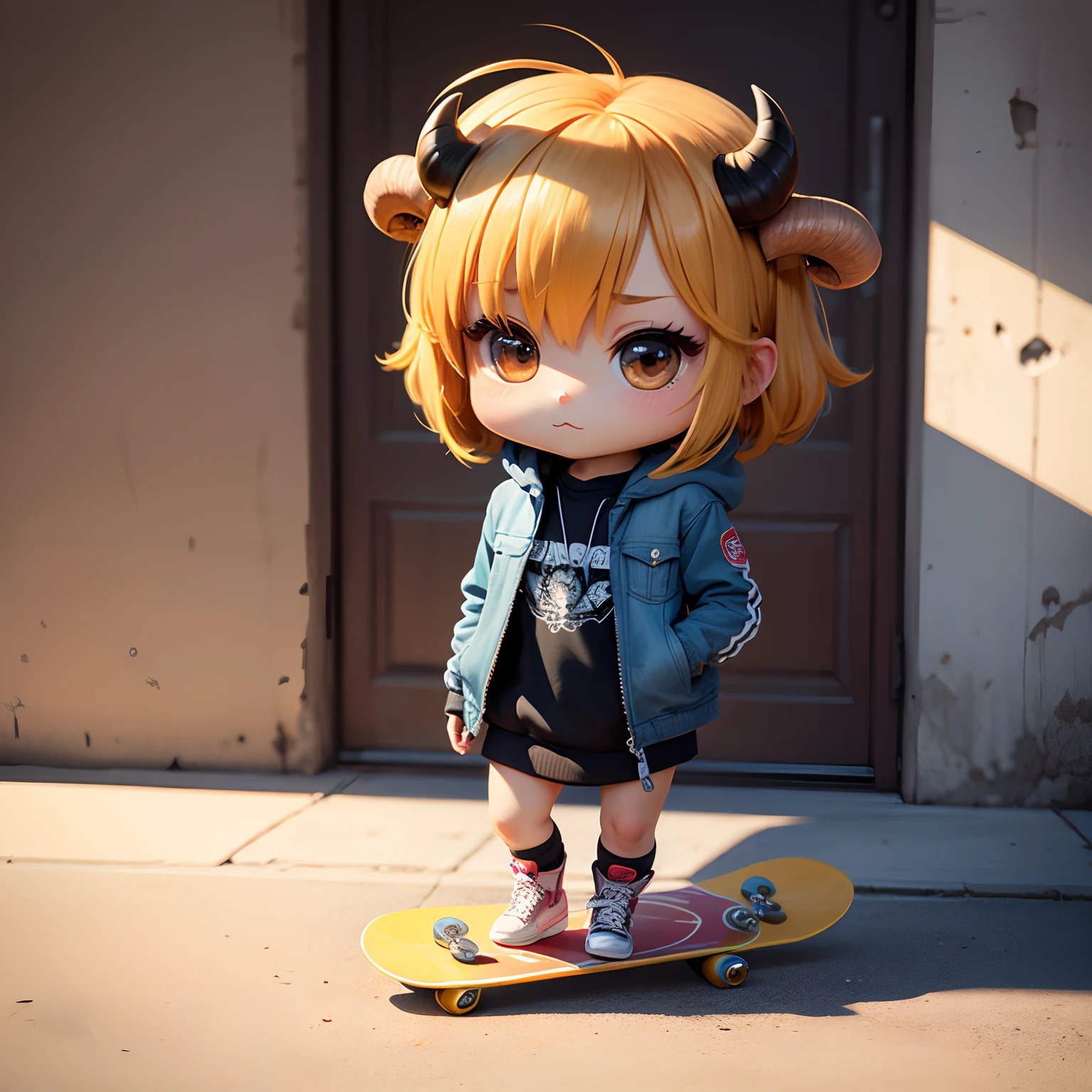 masterpiece、top-quality、ultra-detailliert、(Chibi Chara Bull:1.3)Ride a Harley-Davidson、Cartoon bull in jacket and skateboard、The specifics of the appearance of bulls