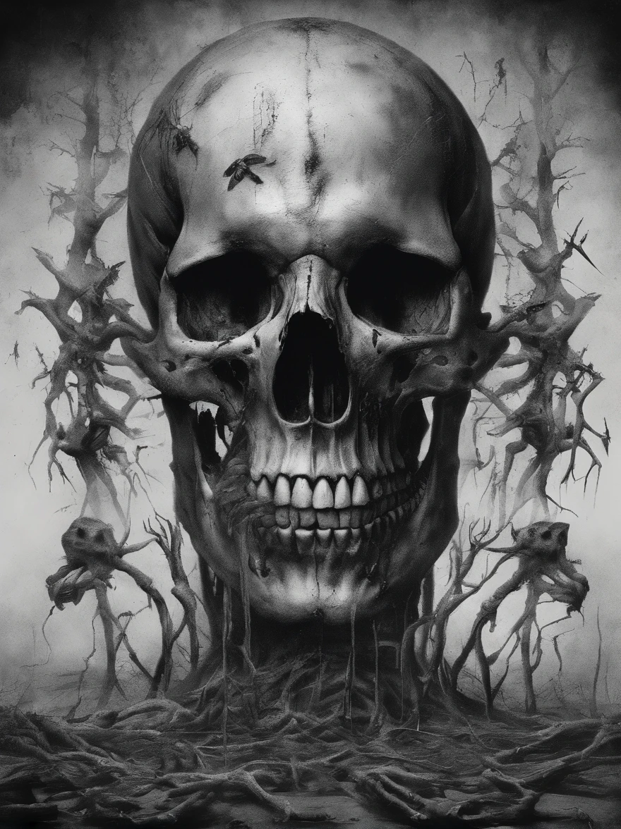 bones and skulls with worms, black and white , horror style, realistic photography , wide aspect ratio , dust and scratches .