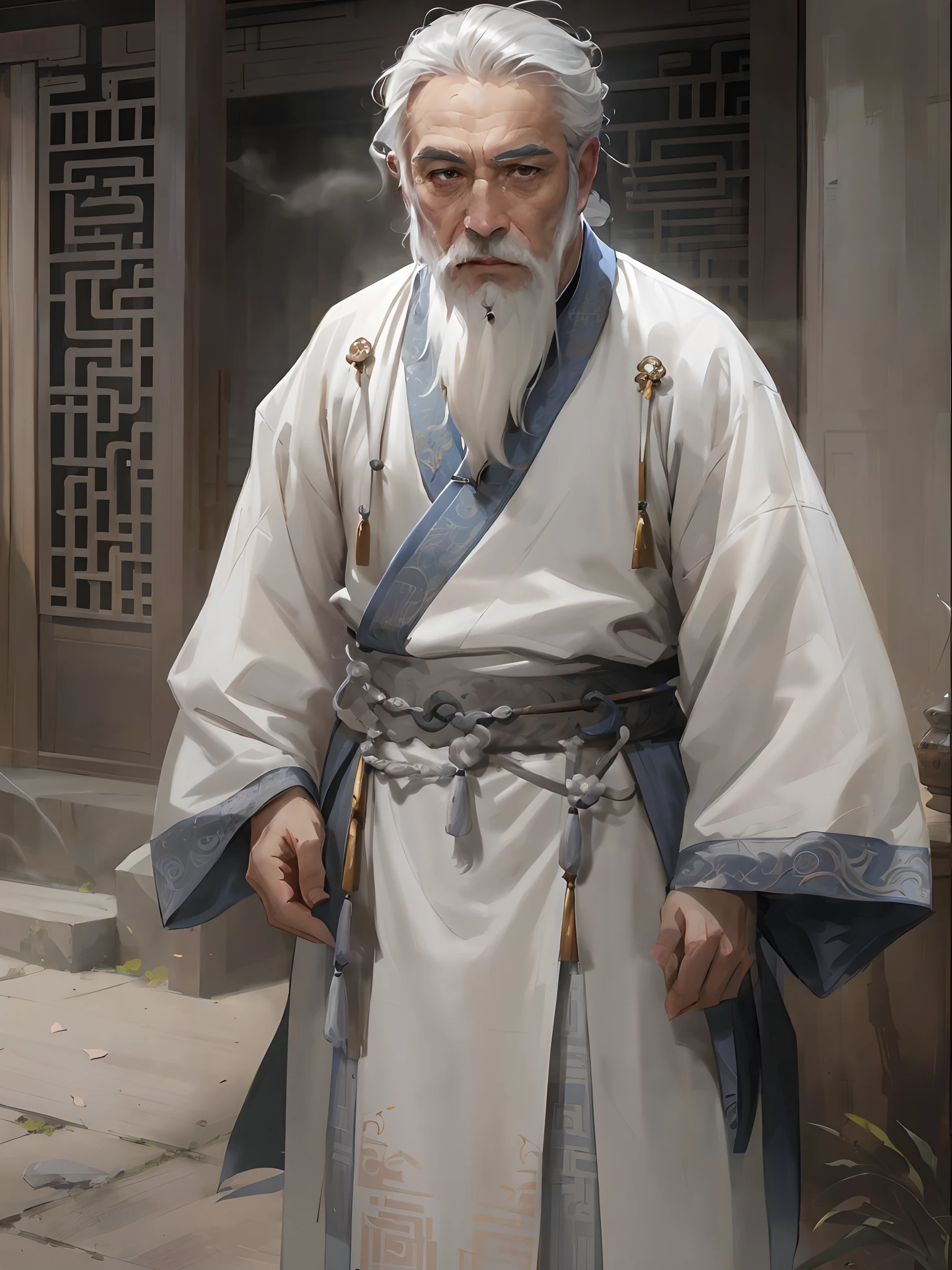 Man in white robe and grey beard, inspirado por Hu Zaobin, inspirado por Cao Zhibai, inspirado por Dong Yuan, inspirado por Wu Daozi, Chengwei Pan en ArtStation, Ross Tran 8 K, taoist priest, inspirado por Zhang Lu, inspirado por Zhao Mengfu, Inspirado en el artista de personajes senior