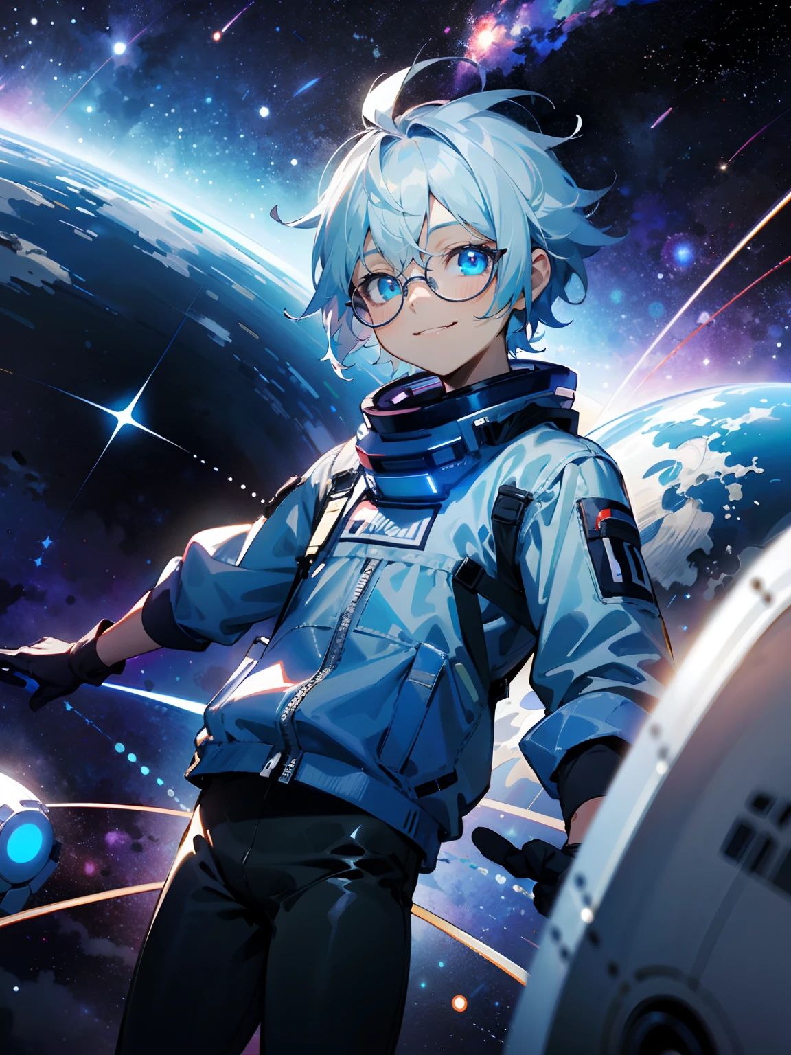 (Male child, eye glasses,blue eyess,A smile, silber hair),The background is a space landscape,Blue, Blue glowing clouds,