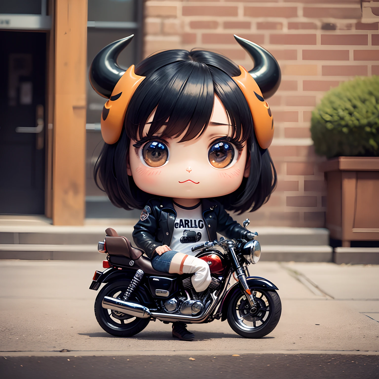 masterpiece、top-quality、ultra-detailliert、(Chibi Carable:1.3)Ride a Harley-Davidson、Cartoon bull in jacket and skateboard、The specifics of the appearance of cows