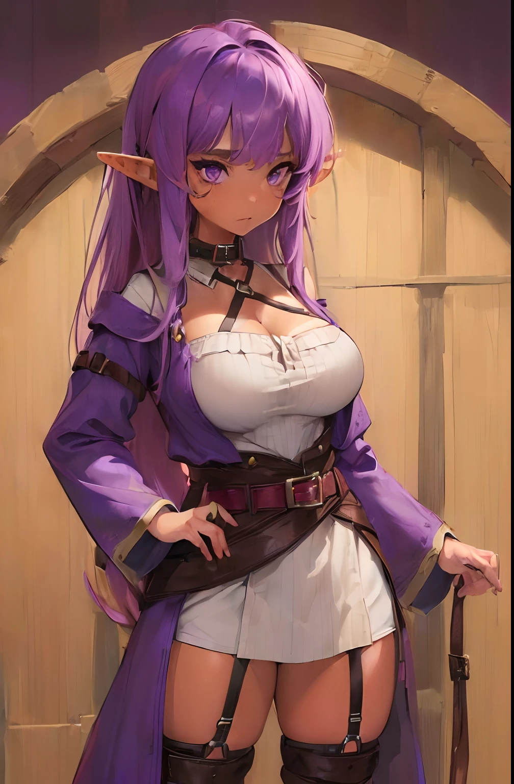 (((short young  girl:1.2))), ((tanned elf girl))), (((best quality))), (((highres:1.1))), (((purple eyes))), (((long hair))), (((huge breasts:1.2))), (((solo))), (collar:1.2), ((adventurer outfit belts:1.2))