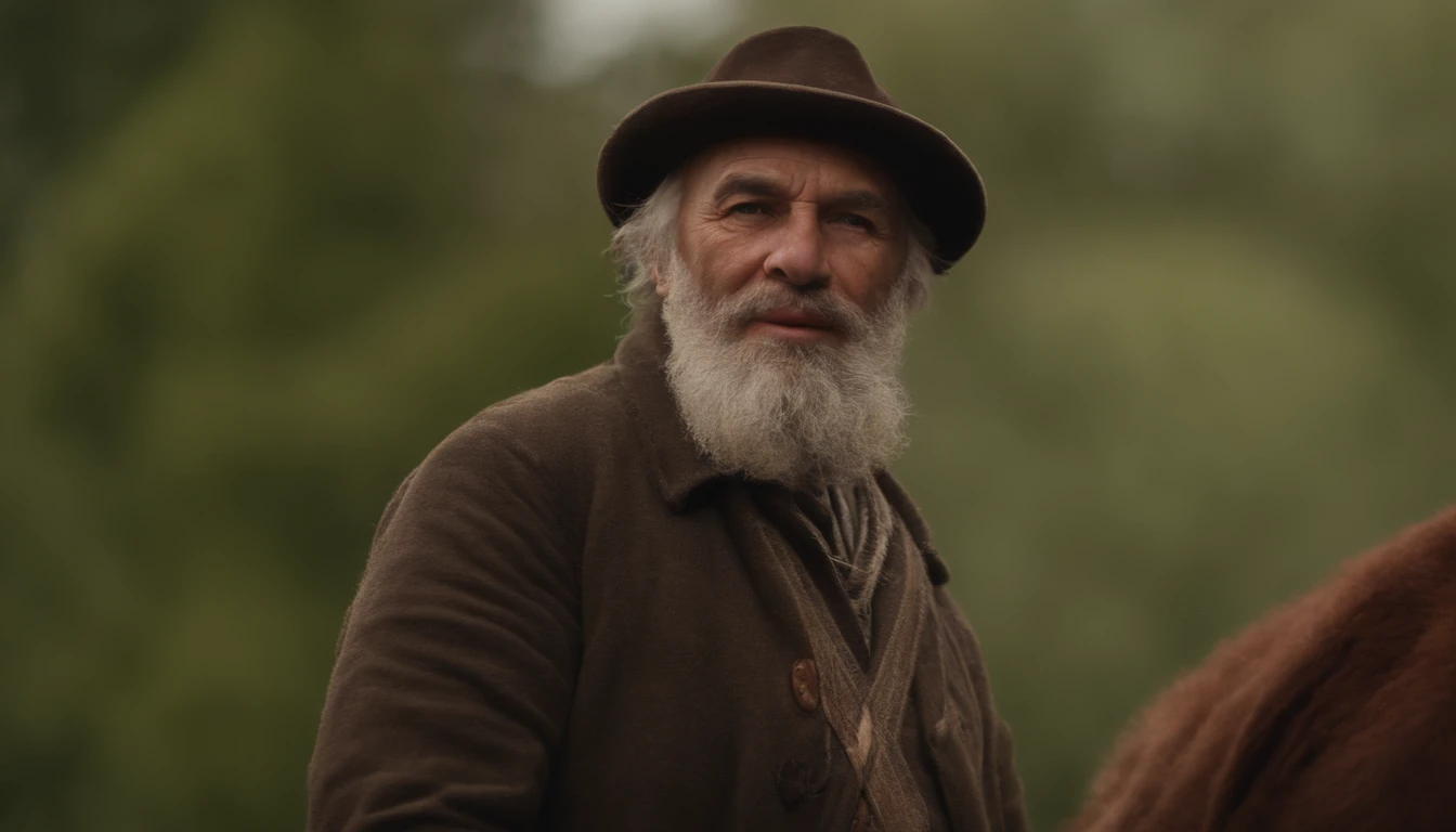 Create a cinematic photo of an old man, humilde, trabalhador de lavoura, usando roupas velhas em trapos, ((fadiga esmagadora), rugas da idade, olhar triste. The atmosphere is that of a farm at dusk. Riqueza de detalhes, 8k uhd, dslr, soft-lighting, alta qualidade