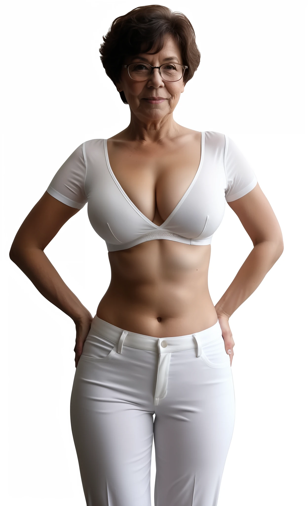 elderly woman in white pants and a white bra top, braless and shirt, upper body image, braless, model with mature body, low cut top, wearing a sexy cropped top, wearing crop top, normal breasts size, mature body, short torso, half body cropping, mature woman body, wearing black v - neck top