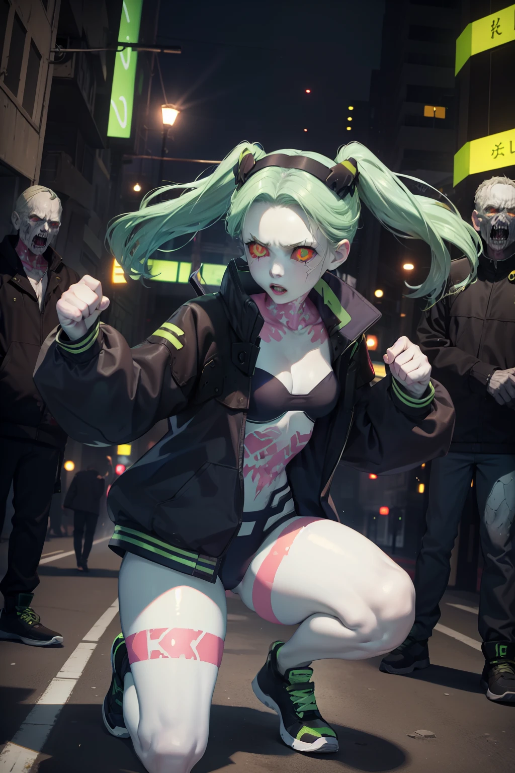 Rebecca, 1girl, green hair, white skin, twintails, colored sclera, red sclera, bra, panties, black jacket, artificial eye, black sneakers, perfect anatomy, solo, zombie, multiple boys, crowd, glowing eyes, undead, horror \(theme\), fighting stance, masterpiece, best quality, highly detailed, upper body