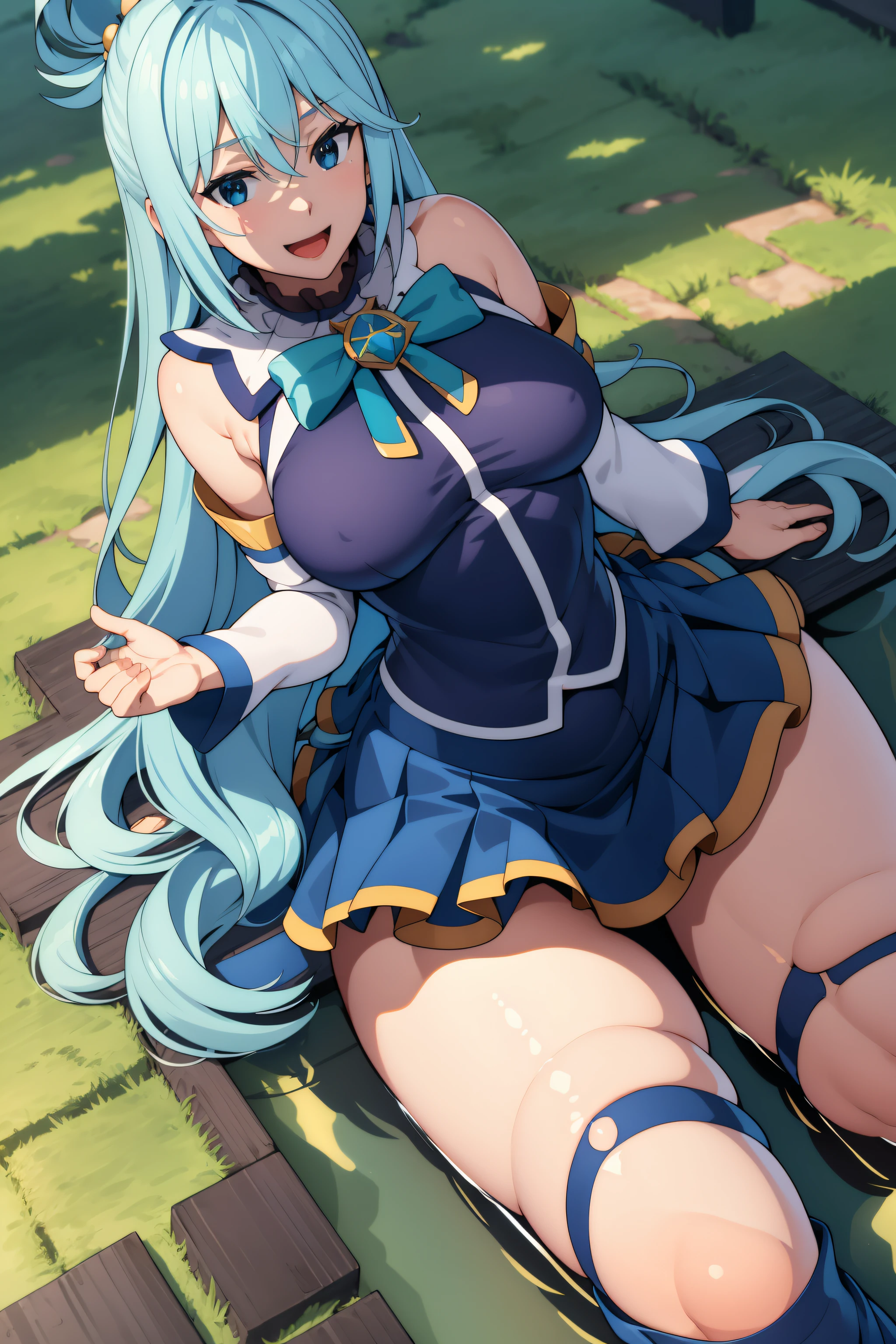 (Highly detailed fine touch:1.2), (Natural light, sun light, llight rays, dappled light, reflection, shadowy, Ray tracing:1.2), maturefemale, Hourglass body , masutepiece, Best Quality, Highly detailed , Aquakunsbu-KJ , Skirt , thighs thighs thighs thighs, Blue shirt , Detached sleeves, Thigh boots, Bow , (Smile , Open mouth:1.2) , Sitting , (under the water:1.4) , (Full Shot:1.2) , day