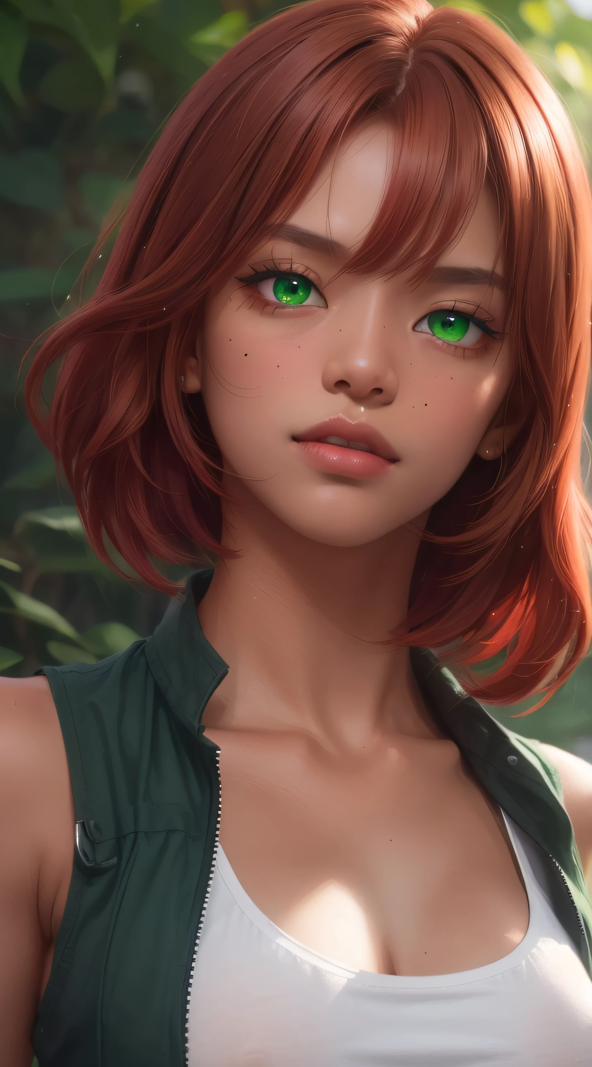 lipbite, (dark tanned skin:1.5), (underboob:1.2), (((1woman))), (short red hair:1.2), (the most beautiful green eyes:1.2), (tomboy:1.2), (abs:1.2), 8k, Unreal Engine 5, octane render, trending on pixiv, fanbox, skeb, masterpiece, detailed face, smooth soft skin, big dreamy eyes, beautiful intricate colored hair, anime wide eyes, soft lighting, concept art, digital painting,