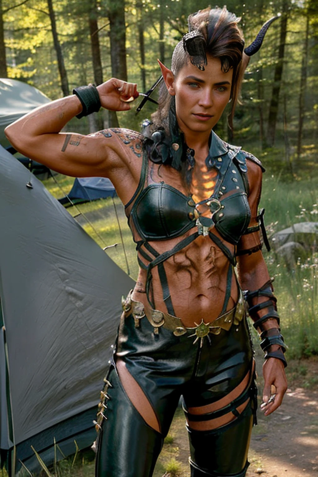 (masterpiece, best quality:1.3) BGKarlach, 1girl, solo, realistic, long hair, horns, pointy ears, wearing leather armor, leather pants, camping in the woods