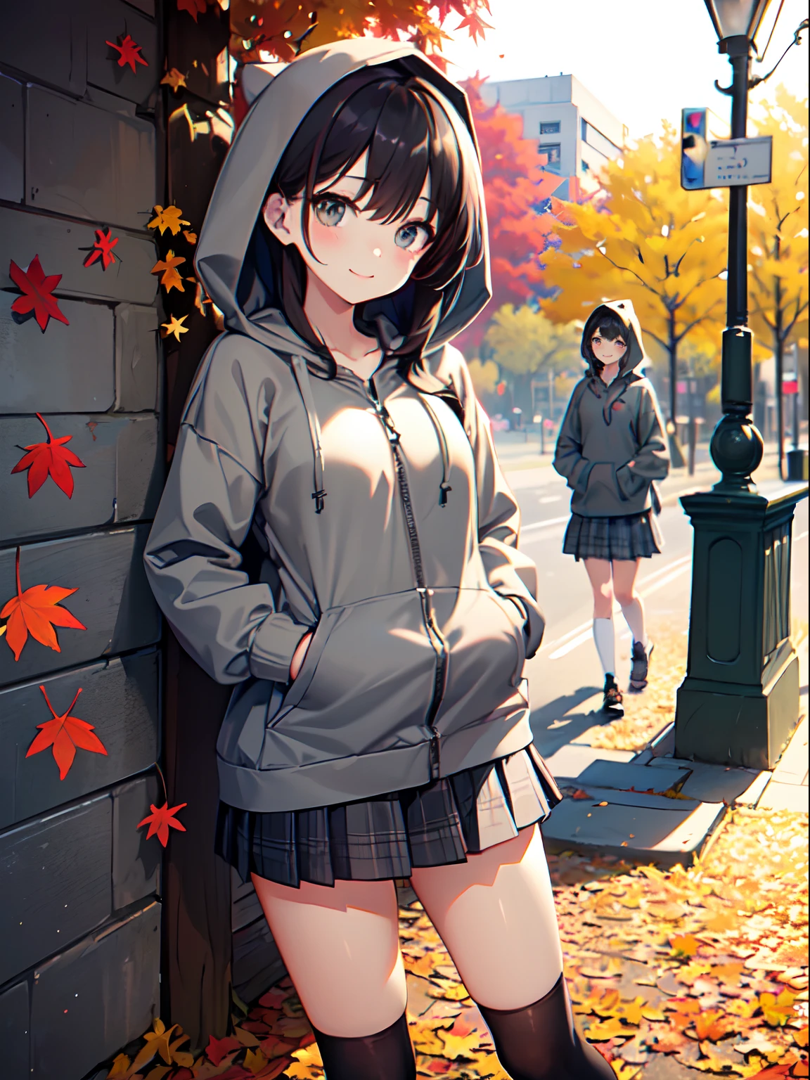 1 beautiful young girl, 14-year-old junior high school girl、(flat chest)、(Dark-haired girl in grey oversized full-zip hoodie:1.3),(Do not wear hoodie hood:1.3)、Wearing a shirt inside a hoodie、(Plaid pleated skirt), (high socks), (lowfers),(Long straight hair)、Autumn Park、Colored leaves、leaves falling、stroll、A slight smil、