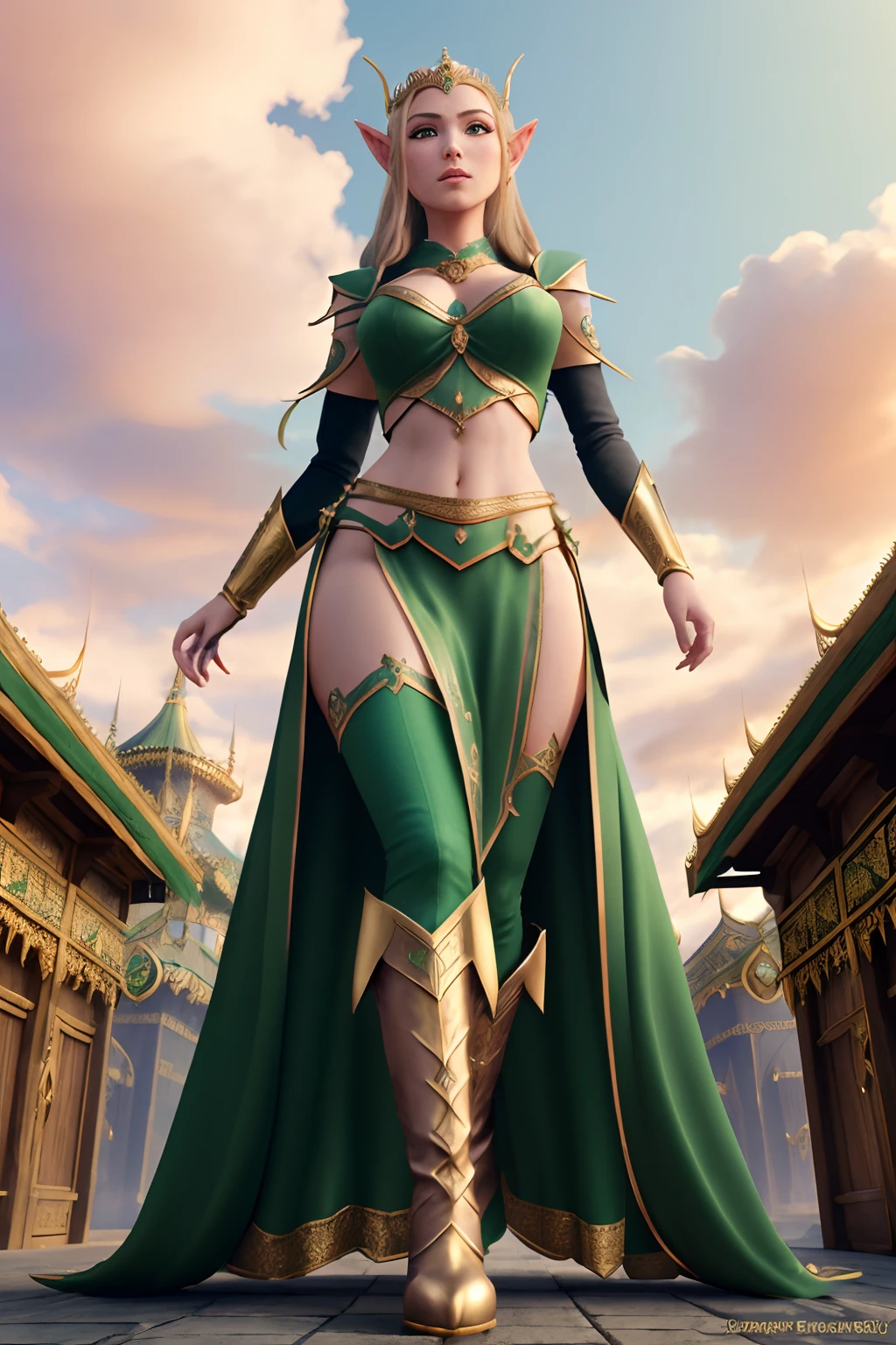 Giantess woman in a green dress and gold jewelry, elf queen, boots, towering over village, midriff exposed, a beautiful fantasy empress, elfic priestess, ((a beautiful fantasy empress)), beautiful and elegant elf queen, stunning character art, beautiful and elegant female elf, beautiful elf with ornate robes, female mage, epic exquisite character art, beautiful character