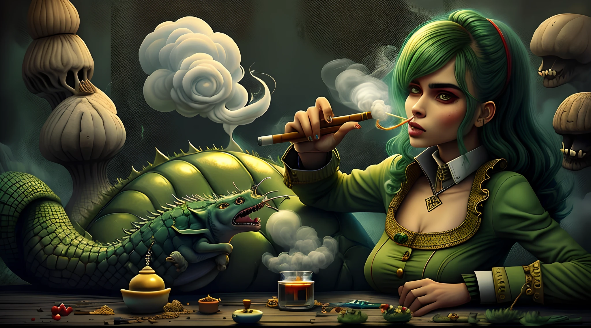 Alice e lagarta em cima do cogumelo fumando narguile junto