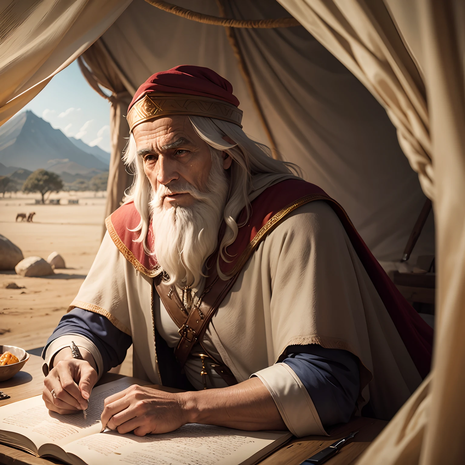 Biblical Moses in the tent, escrevendo no ppapiro, Aos 80 anos
