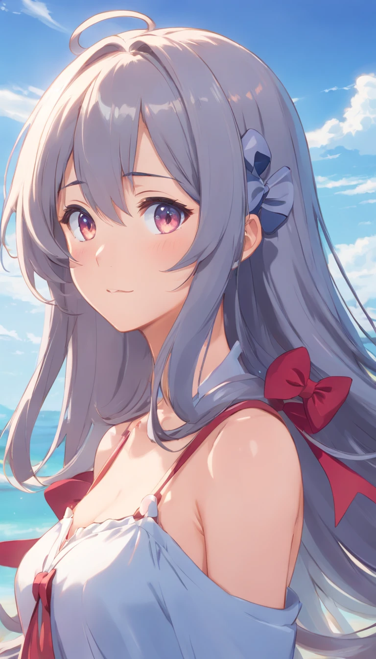 colored inner hair, grey hair, long hair, heart ahoge, hair bow, heart-shaped pupils, shy, vignetting, ray tracing, UHD, masterpiece, 4K