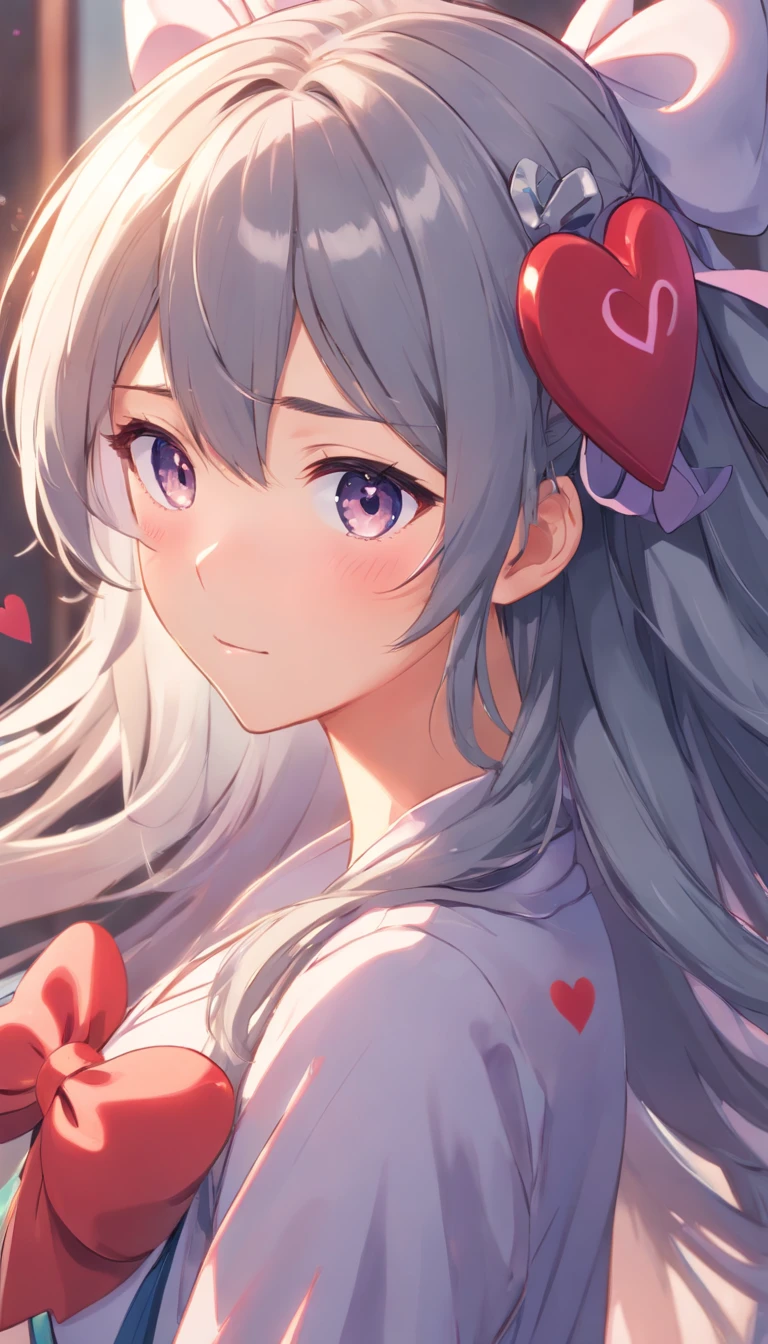 colored inner hair, grey hair, long hair, heart ahoge, hair bow, heart-shaped pupils, shy, vignetting, ray tracing, UHD, masterpiece, 4K