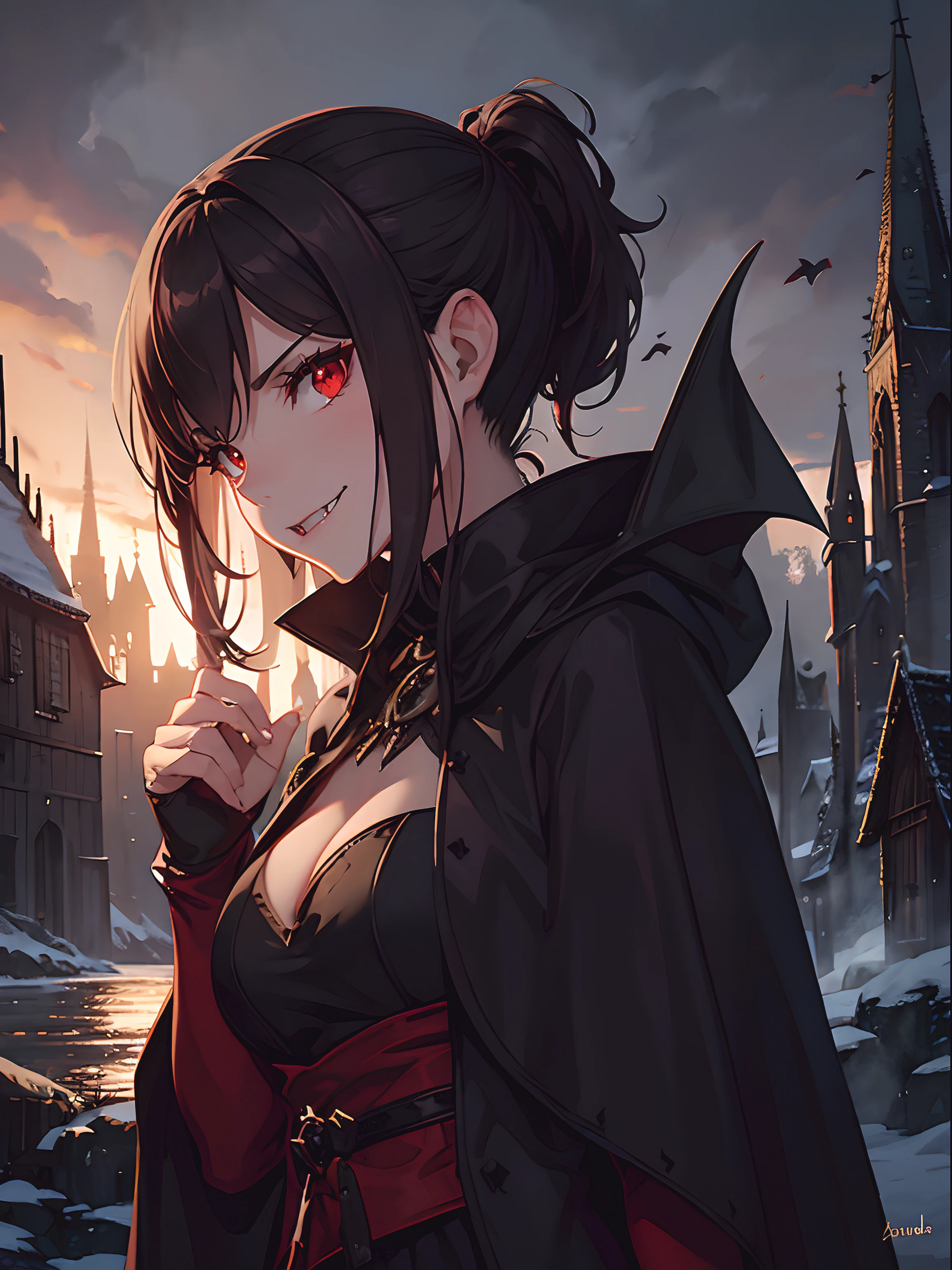 Close up, fantasy world, medieval, night, dark, swamp, misty town, wooden houses, snow, greenery, adult woman, dirty, vampire, medium brown hair, short ponytail, red eyes, fangs, evil, intimidating, predatory look, evil smile, black tunic, black dress, cleavage, boots, stockings, red cloak, good over head