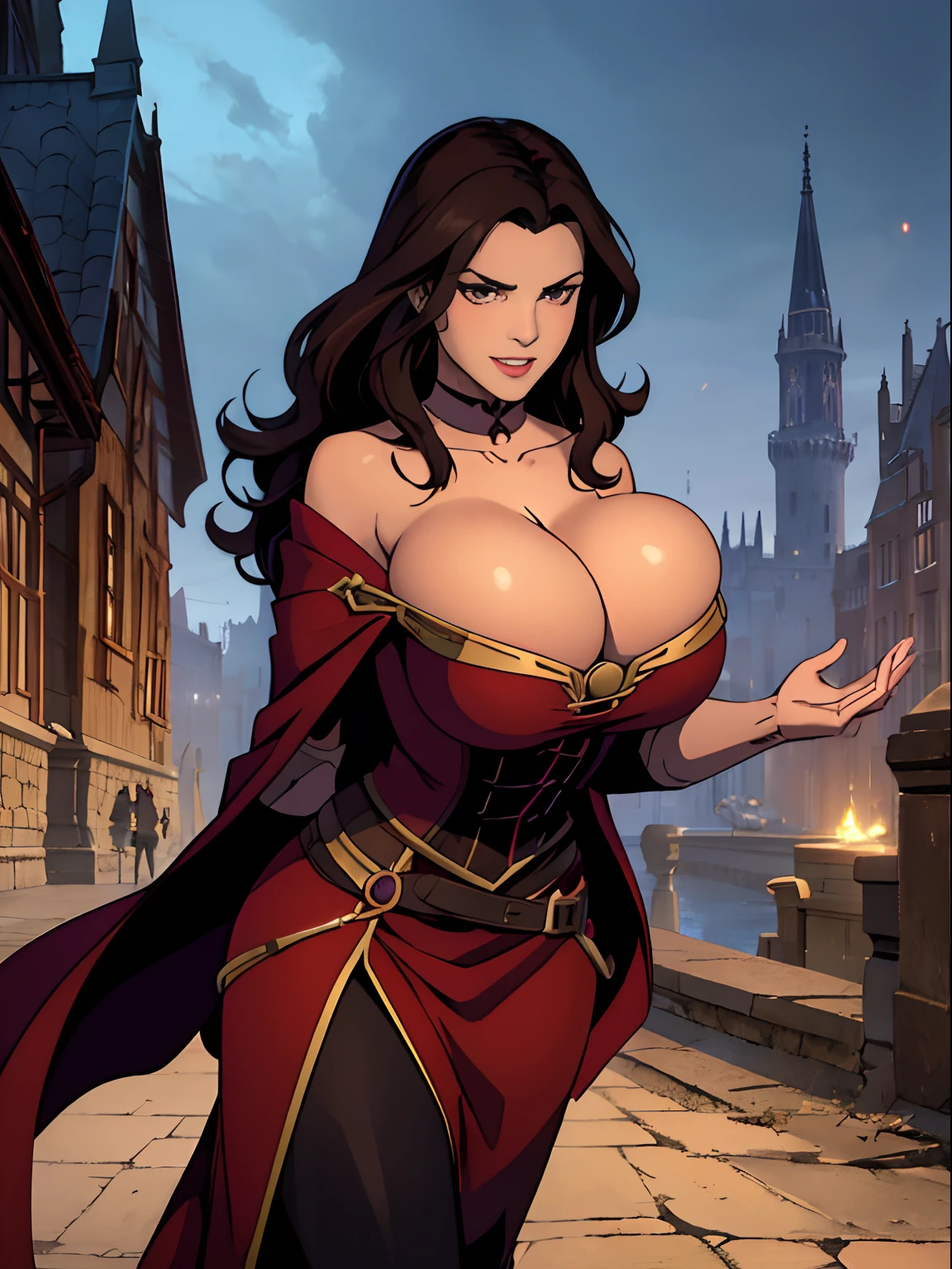 (masterpiece, top quality, best quality, official art, beautiful and aesthetic:1.2), (1girl:1.3), long and curly dark brown hair, extremely detailed, portrait, looking at viewer, solo, (full body:0.6), detailed background, close up, mischievous eyes, (warm summer castle theme:1.1), sorceress, charlatan, smirk, mysterious, walking in courtyard, revealing ((dark red)) sorcerer attire, red knee-length red skirt, off shoulder, straps, long sleeves, loose sleeves, cloak, corset, black leggings, black trousers, black pants, long brown boots, buckles, straps, pouches, (glowing magical energy, casting a spell), red fabric, white trim, ((((gigantic breasts, cleavage, skindentation)))), slim waist, slim hips, long legs, medieval (castle exterior:1.1) background, dark mysterious lighting, shadows, magical atmosphere, dutch angle