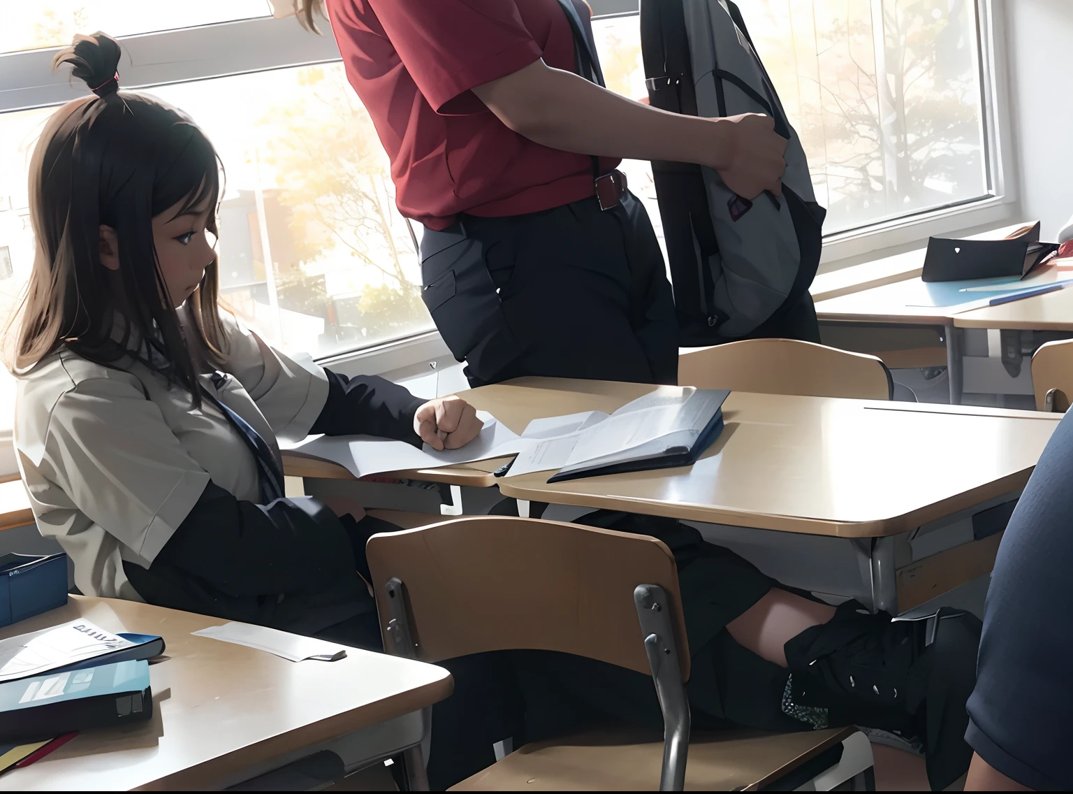 A woman is sitting at a table with a handbag, sitting in the classroom, in class, standing in class, in the school classroom, tall female emo art student, hyperrealistic schoolgirl, Student, Knees tightened, school classroom, In college, desperate pose, Typical anime class, hyperrealistic schoolgirl, Special attention to posing, casually sitting down
