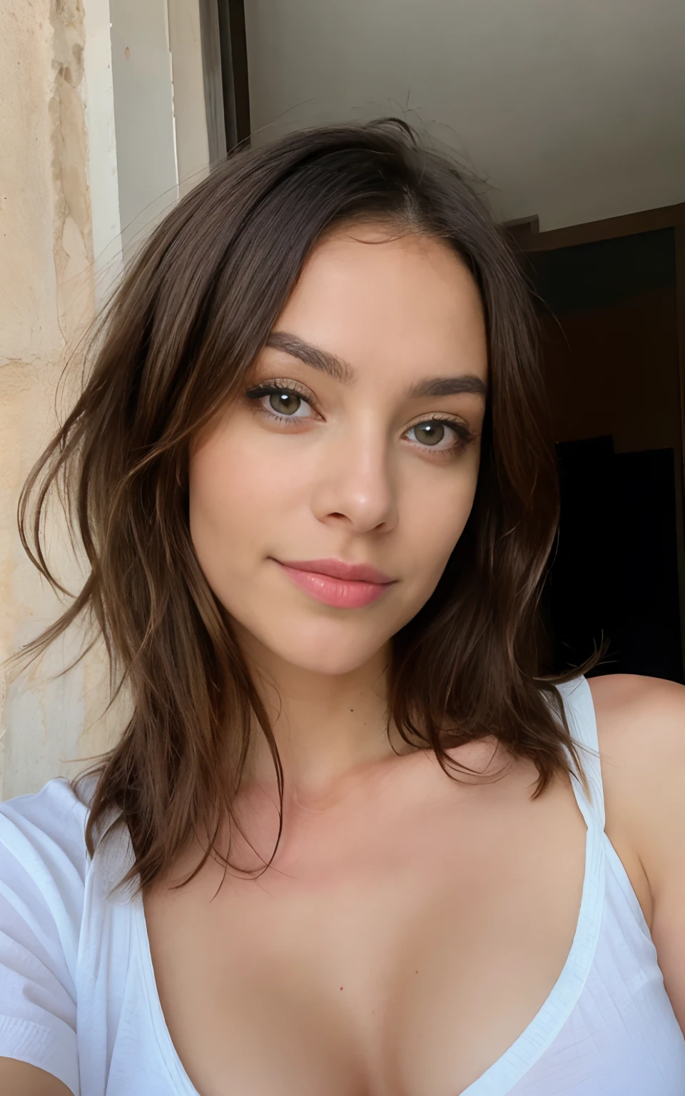 Jolie belle brune nue sexy faisant un Selfie (black har) (in the bedroom), Selfie, Low cut, very detailed, 18 ans, Visage innocent, naturally wavy hair, yeux verts, high resolution, head of'ouvrages d'art, best quality, intricate details, very detailed, mise au point nette, detailed skin, texture de peau realistic, texture, detailed eyes, professionnel, 4K, charming smile, prise avec Canon, 85 millimeters, slight depth of field, Kodak Vision Color, corps parfaitement ajusté, extremely detailed, Photograph_\(ultra\), photographiquerealistic, realistic, Post-traitement, Maximum details, roughness, real life, ultrarealistic, photorealism, photographie, 8k uh, photographie