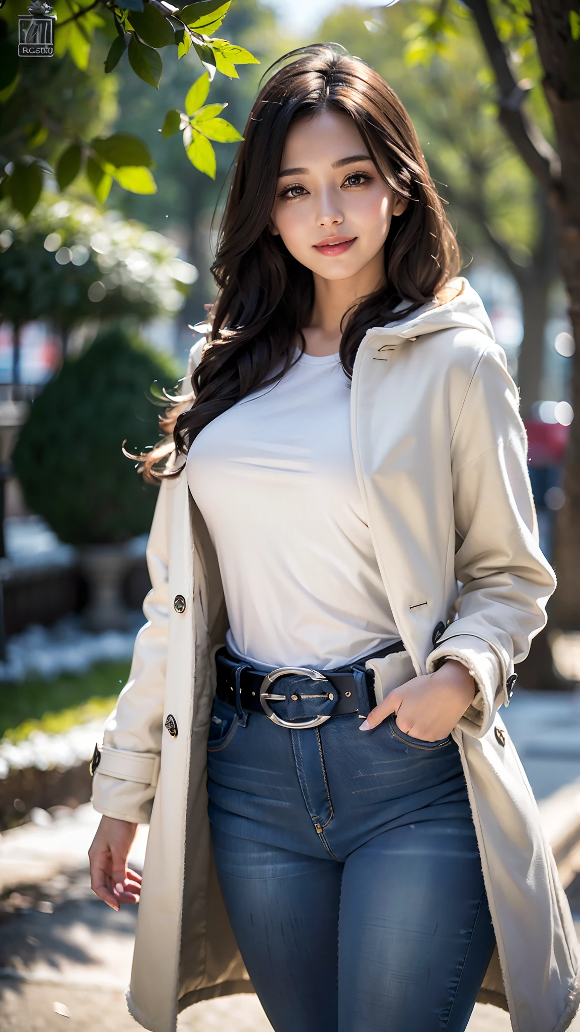 (Winters,Snowy landscape),(voluminous coat with closed front、Skinny Jeans、a belt:1.5)、depth of fields,Real Light,Ray traching,OC Renderer,UE5 Renderer,Hyper-realistic,best qualtiy,28 year old、Solo、Semi-long brown hair、(8K、Best Quality、masutepiece:1.2)、(Realistic、Photorealsitic:1.37)、Ultra-detailed、1girl in、(Beautiful detailed eyes)、(Smile)、Closed mouth、depth of fields、Good composition、Convoluted、Bokeh、(full:1.2)、Toned body、full-body view、