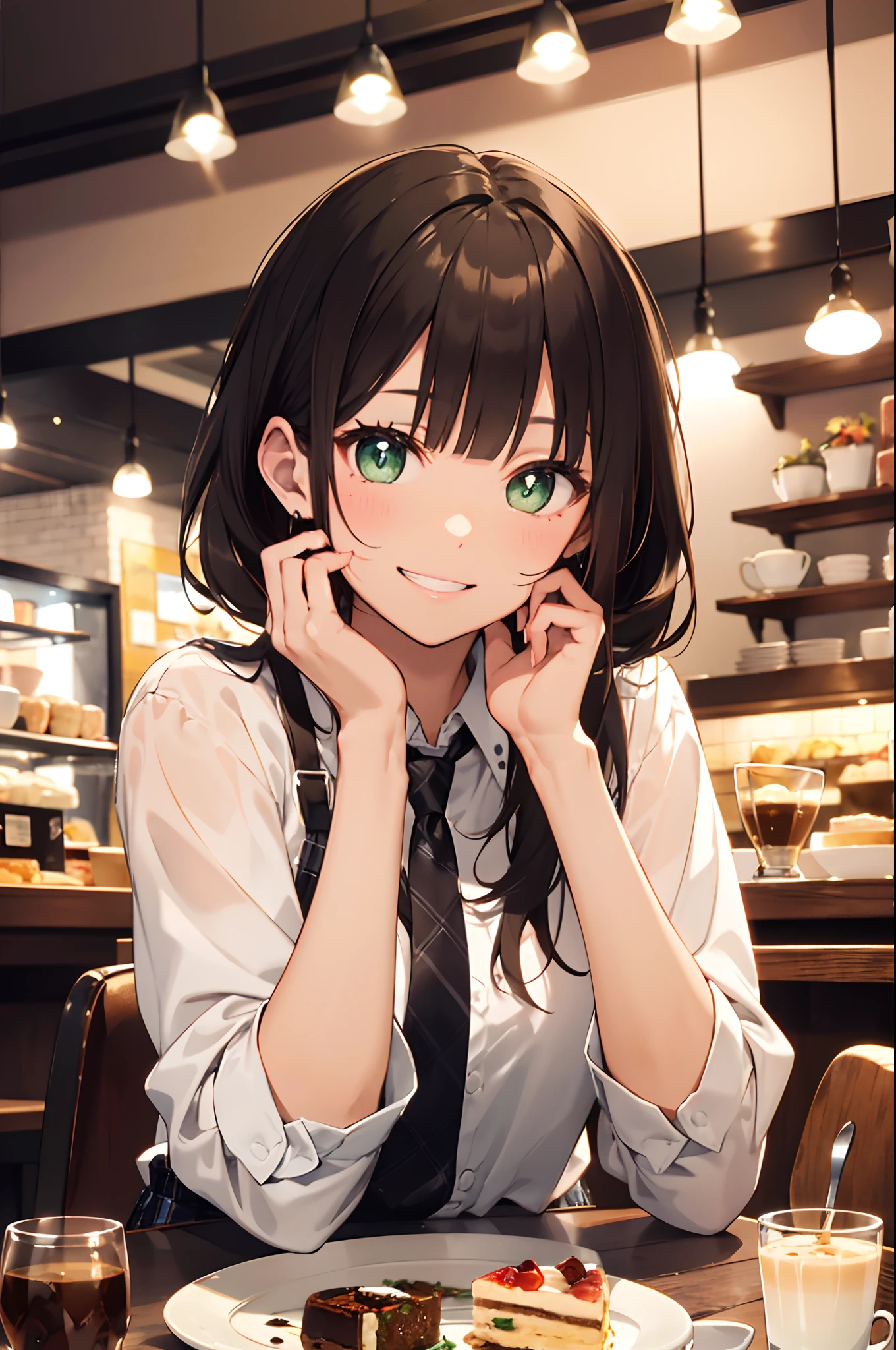 (top-quality、in 8K、32K、masterpiece、nffsw、超A high resolution、Impresionismo、Photorealsitic:1.2)、cowboy shot、foco nítido、detailed faces and eyes、(There is a plate of cake and coffee on the table, cafes, sitting on a mocha-colored table, dessert, Miniature Cafe Diorama, diner caffee, in coffee shop, cozy cafe background, enjoying coffee at a coffee shop, sitting in a cafe, shot with sony alpha 1 camera, by Maki Haku)、Sharp pupils、Realistic pupils、beauitful face、18 year old beautiful girl、shinny skin、Medium Short、Beautiful dark brown hair、Blunt bangs、Green-eyed eyes、Shirt、neck tie、Plaid miniskirt、Black socks、Put your right hand on your cheek、(looking happy smile:1.2)、Mel Kishida