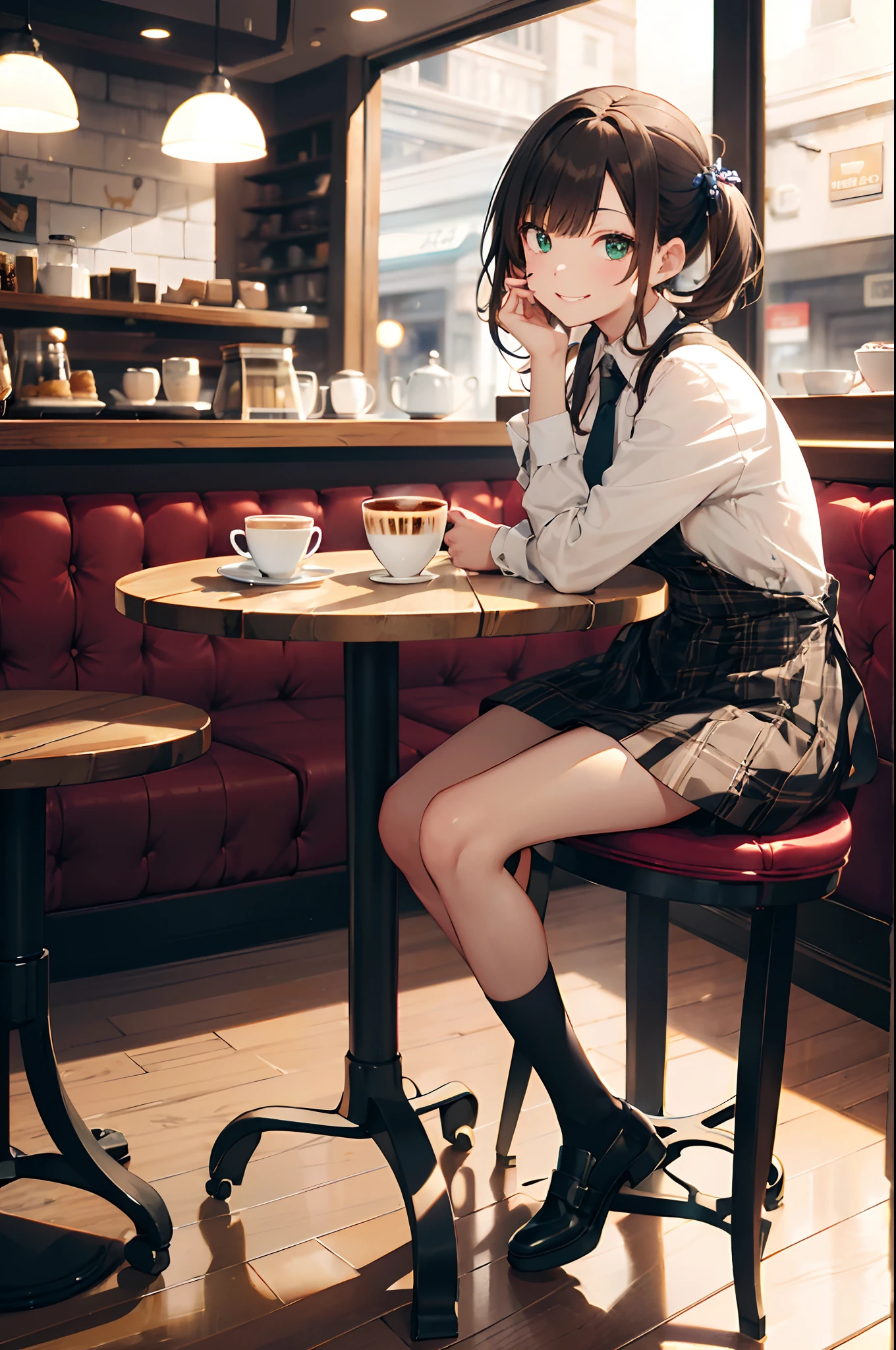 (top-quality、in 8K、32K、​masterpiece、nffsw、超A high resolution、Impresionismo、Photorealsitic:1.2)、cowboy  shot、foco nítido、detailed faces and eyes、(There is a plate of cake and coffee on the table, cafes, sitting on a mocha-colored table, dessert, Miniature Cafe Diorama, diner caffee, in coffee shop, cozy cafe background, enjoying coffee at a coffee shop, sitting in a cafe,  shot with sony alpha 1 camera, by Maki Haku)、Sharp pupils、Realistic pupils、beauitful face、18 year old beautiful girl、shinny skin、Medium Short、Beautiful dark brown hair、Blunt bangs、Green-eyed eyes、Shirt、neck tie、Plaid miniskirt、Black socks、Put your right hand on your cheek、(looking happy smile:1.2)、Mel Kishida